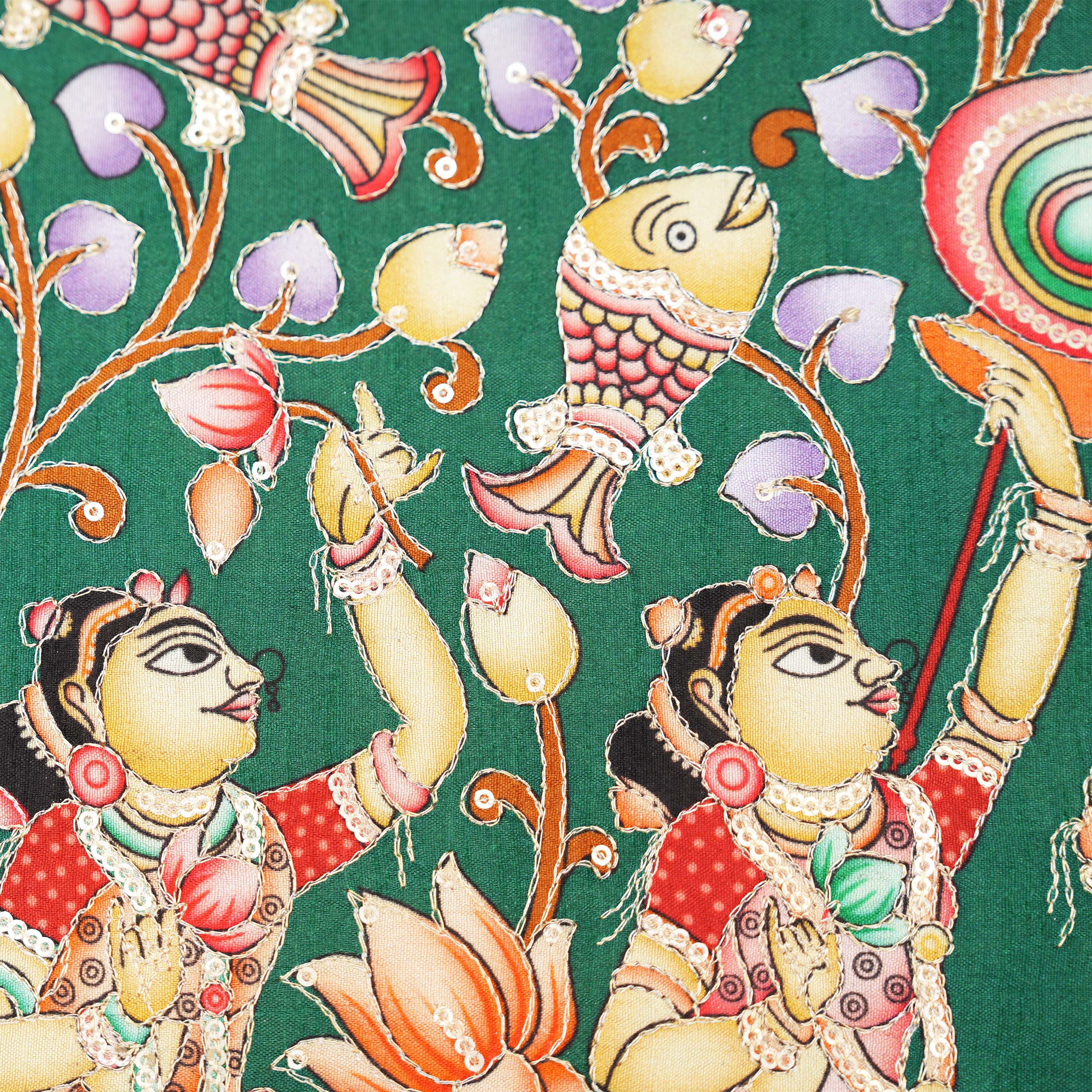 Emerald Green Pen Kalamkari On Silk Fabric