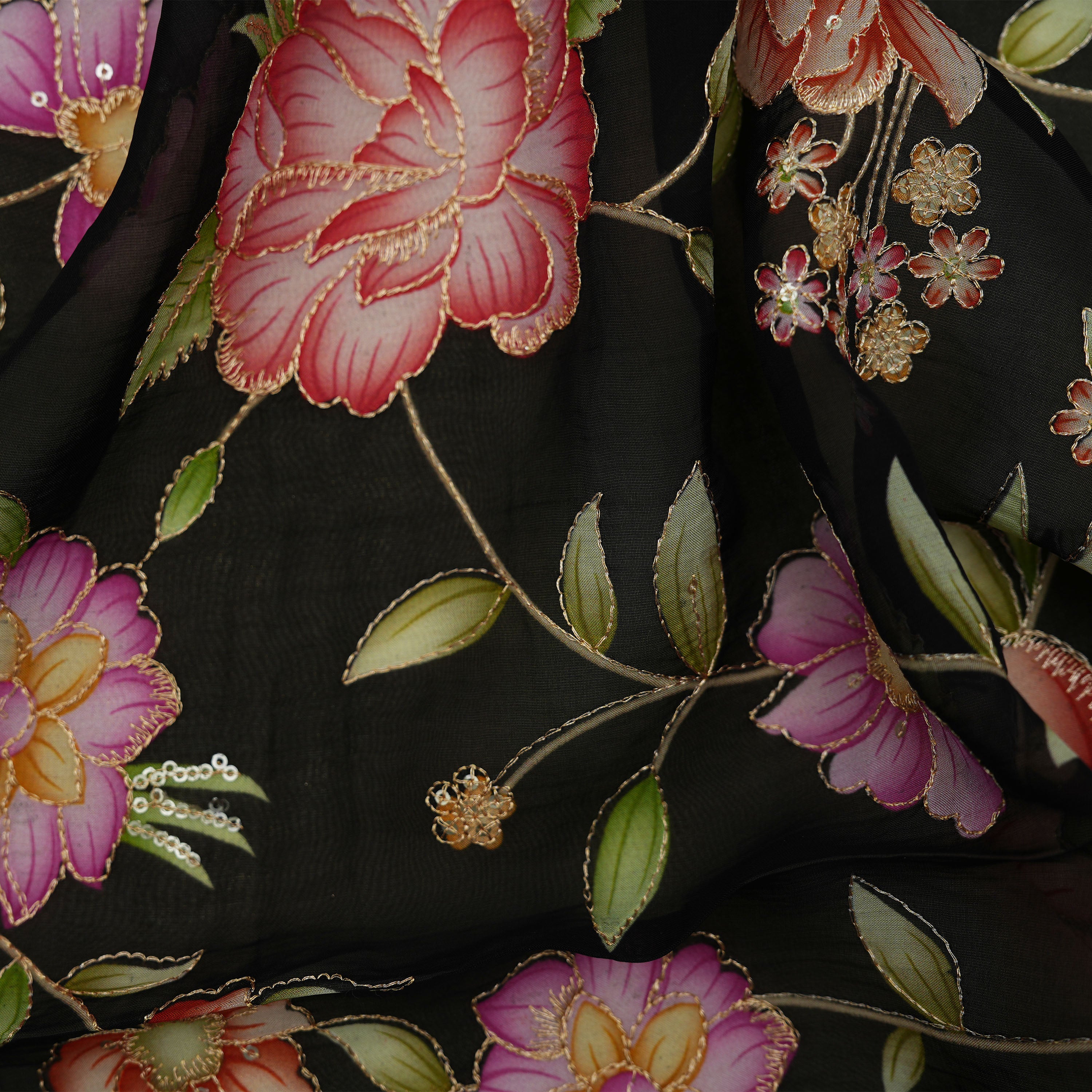 Charcoal Black Printed Floral Kalamkari Organza Fabric