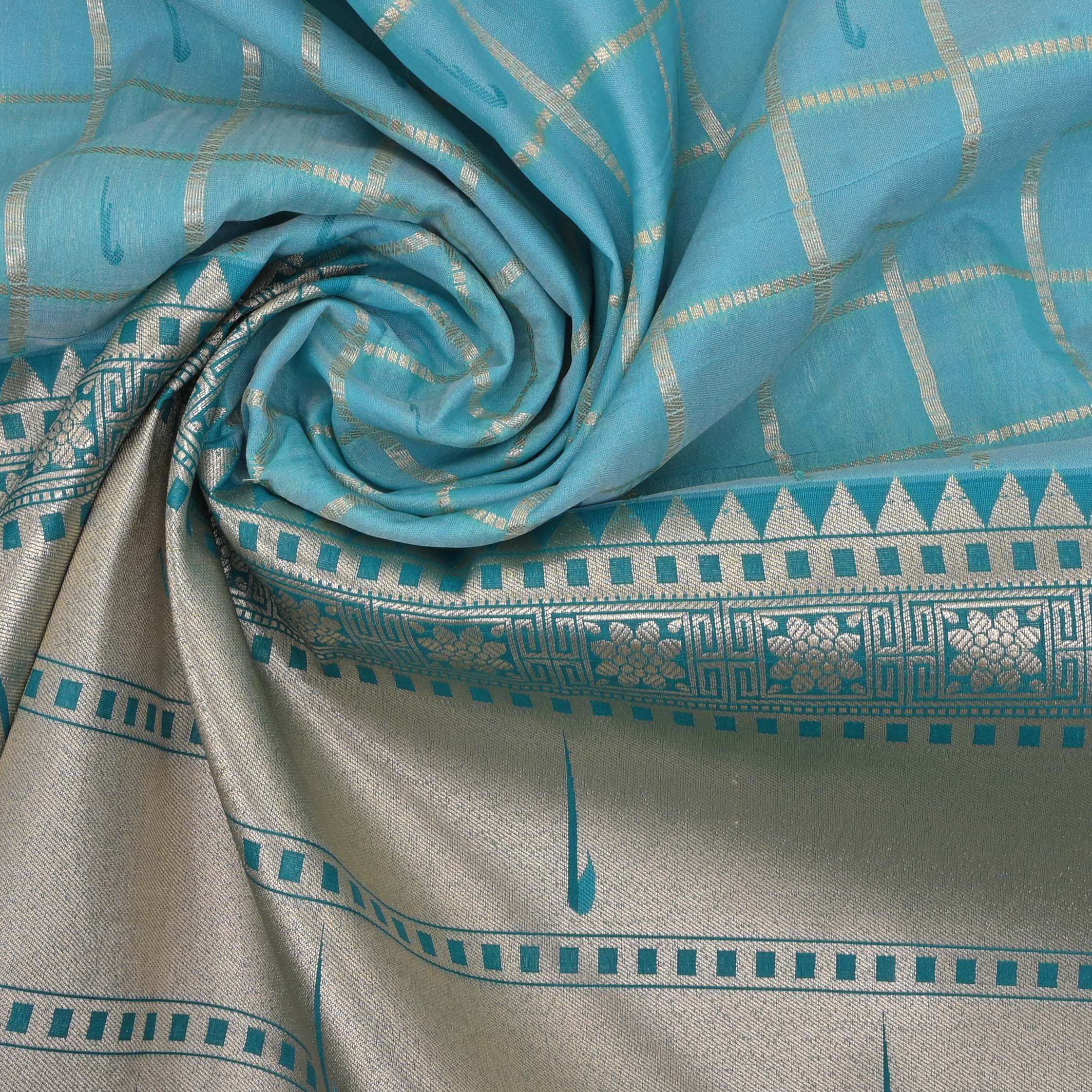Sky Blue Checks Paithani Fabric