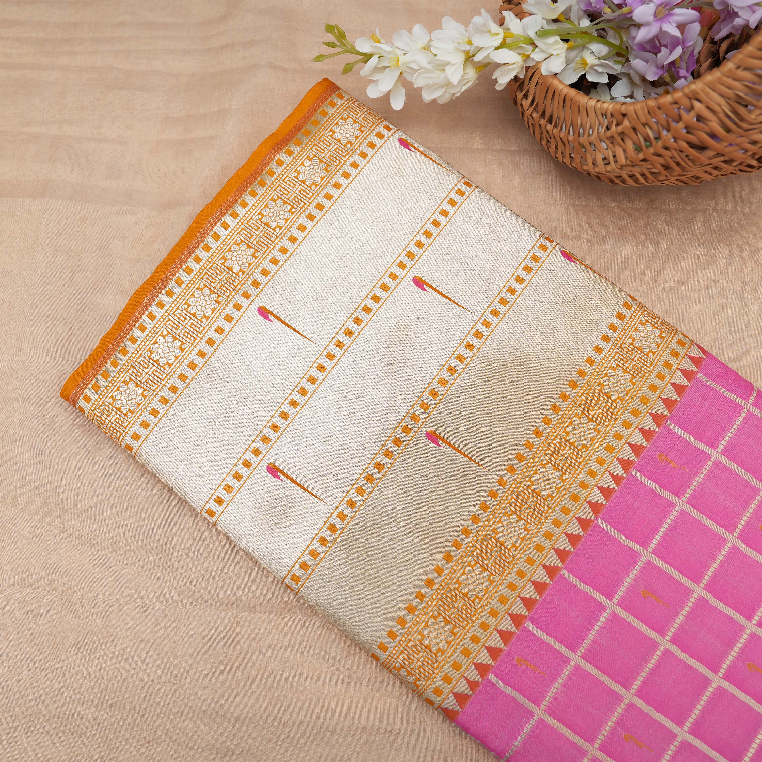 Hot Pink With Paithani Muniya Border On Jamawar Silk Fabric