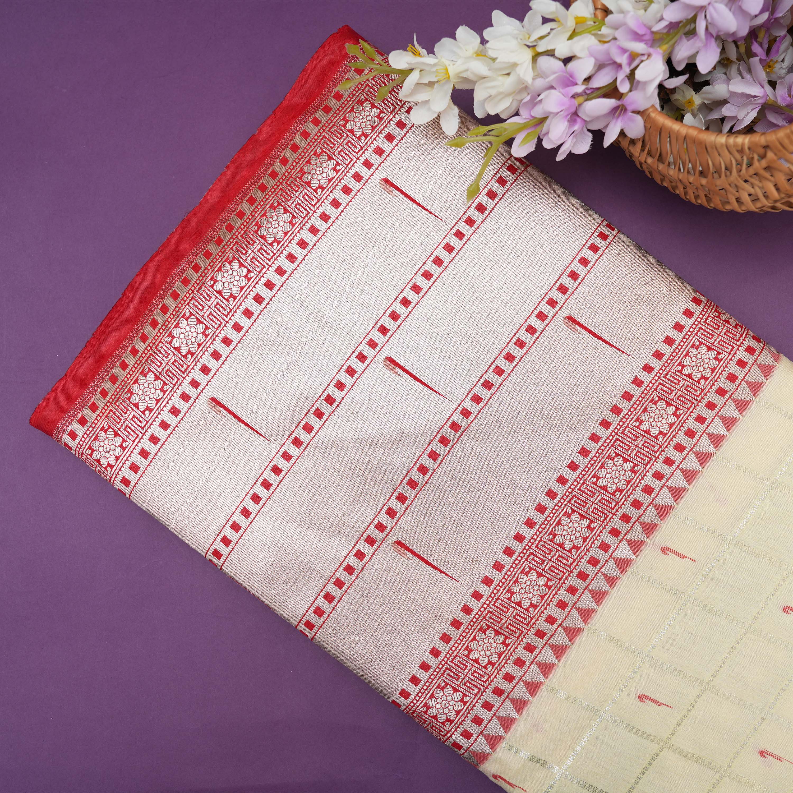 Pale Cream With Paithani Muniya Border On Jamawar Silk Fabric