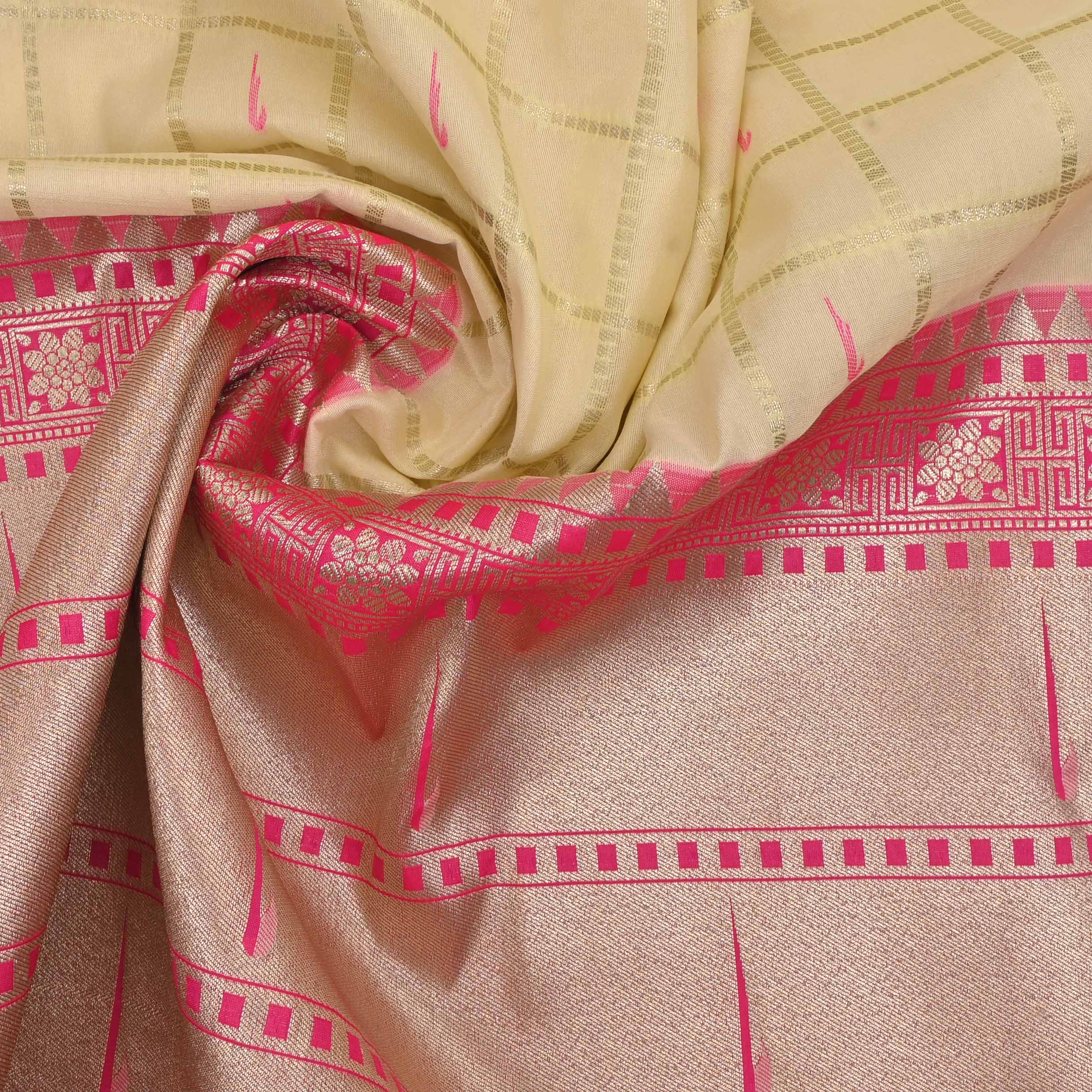 Mocassin Yellow Checks Paithani Fabric