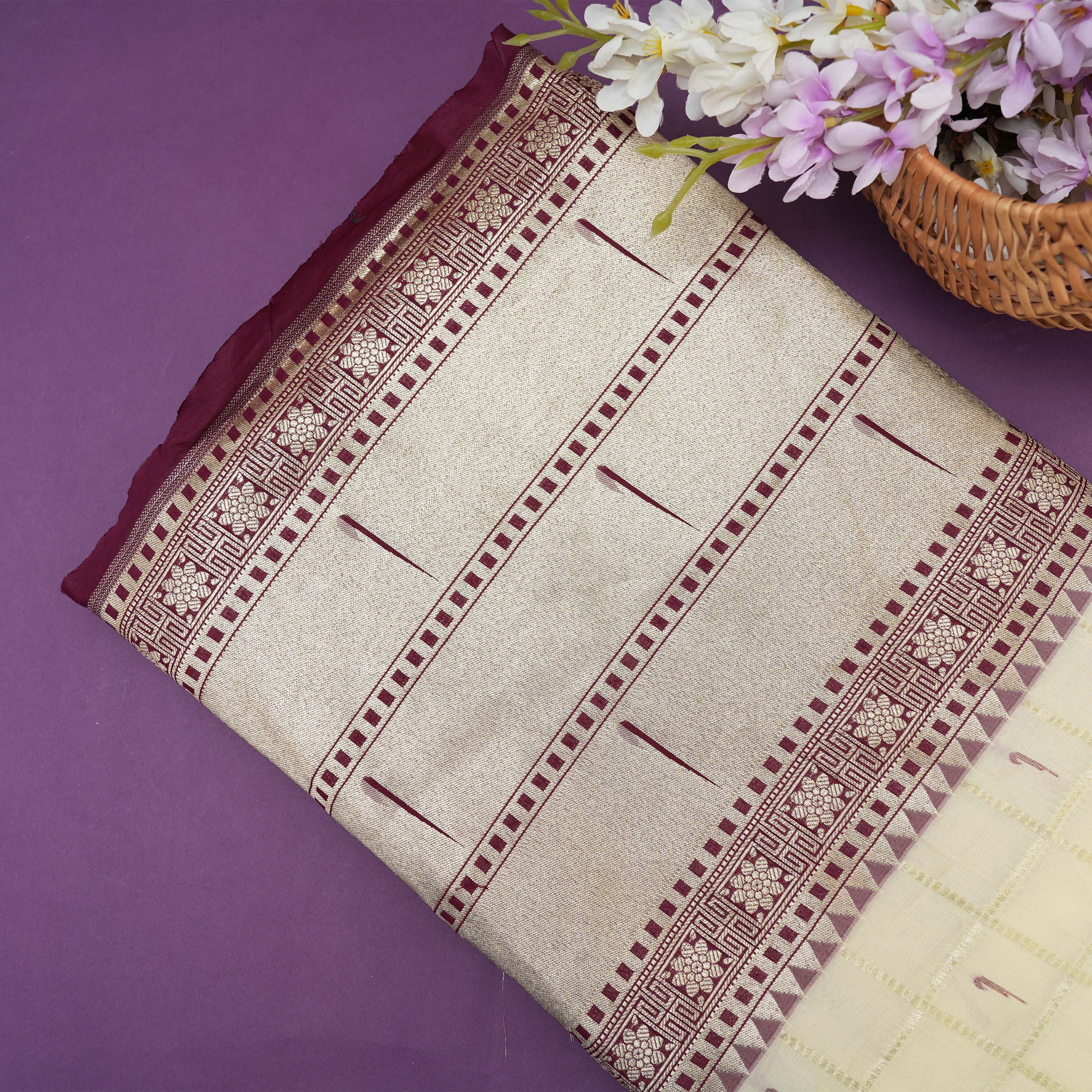 Cream White With Paithani Muniya Border On Jamawar Silk Fabric