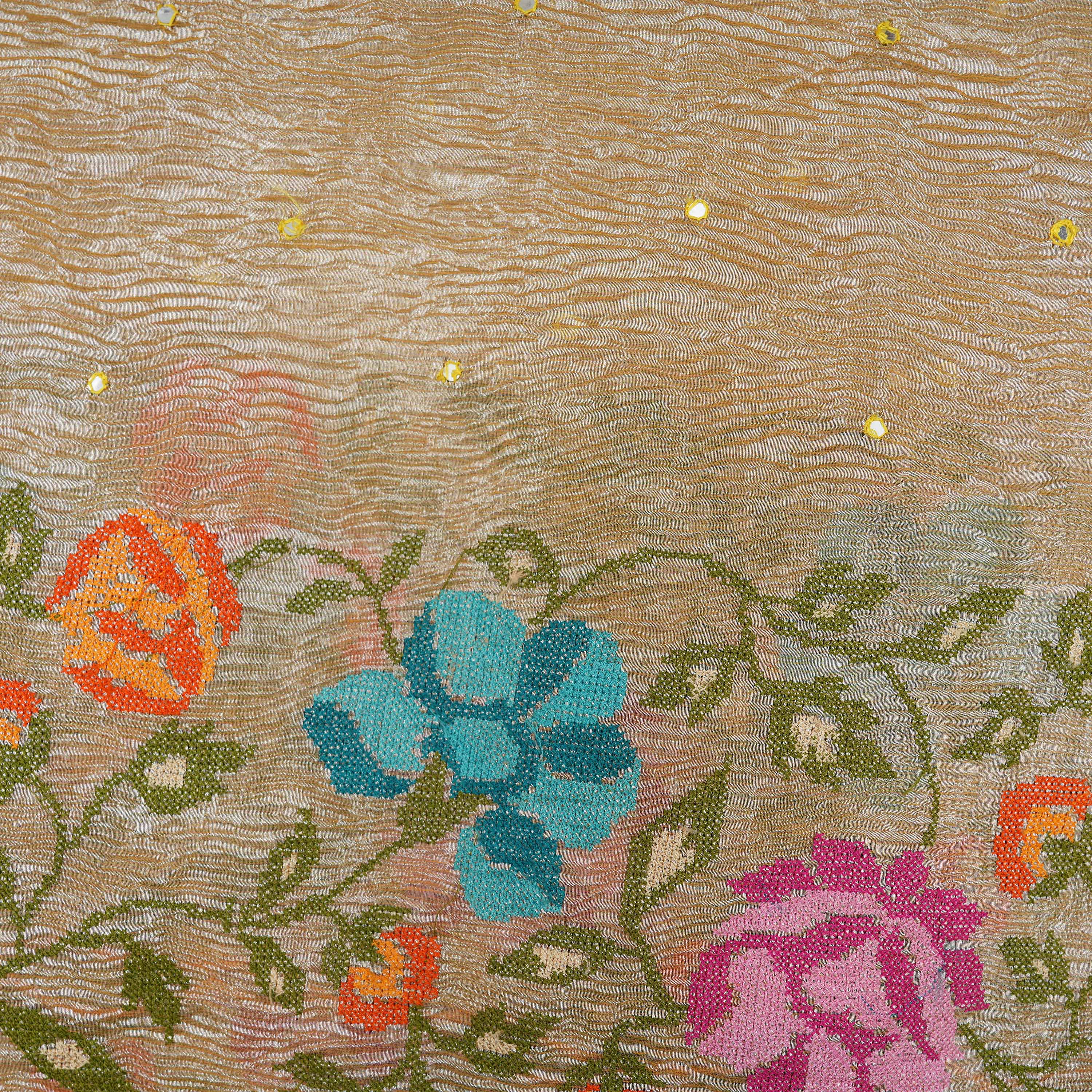 Pale Brown Embroidered Floral Border On Crushed Tissue Fabric