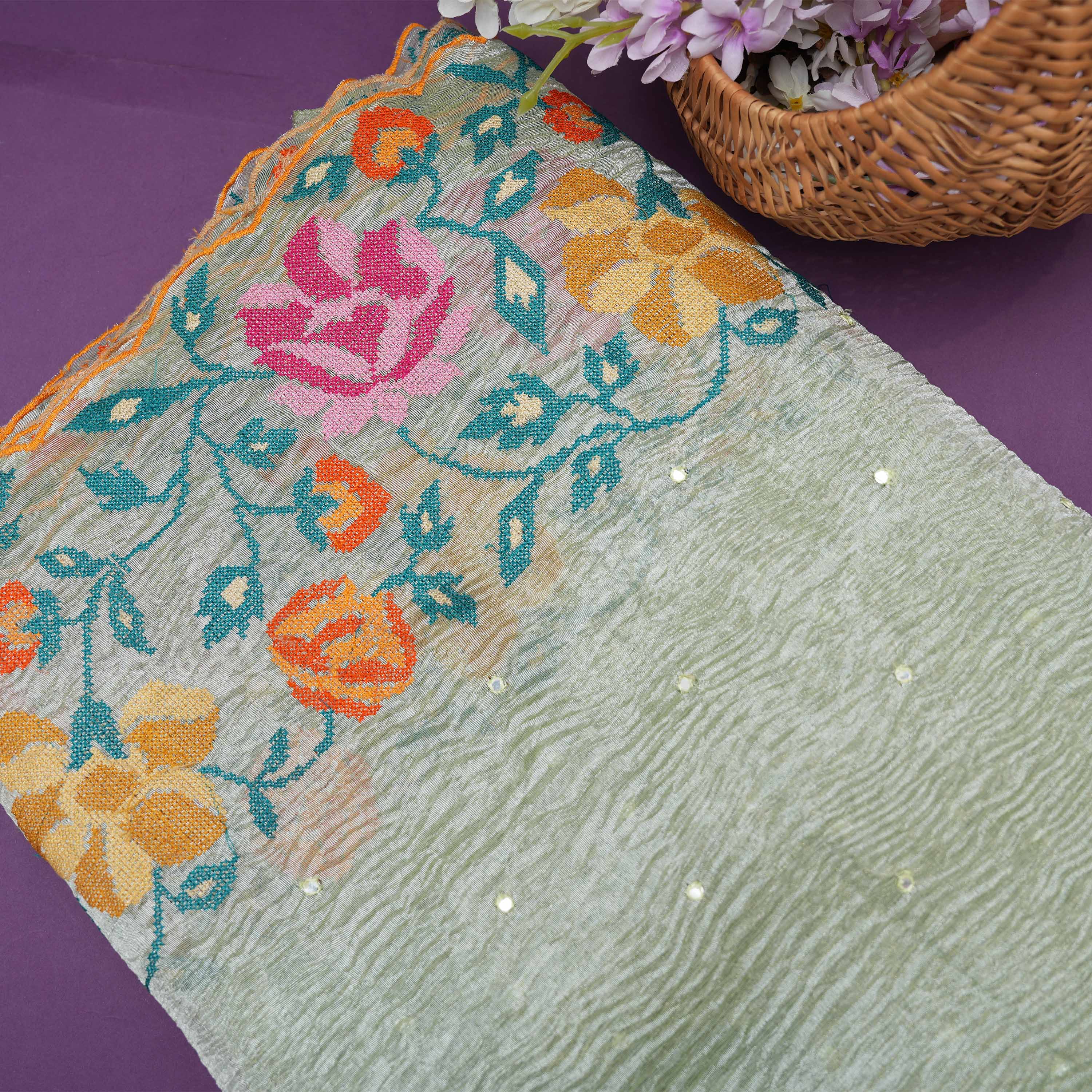 Pale Green Floral Emboidery On Crushed Tissue Fabric
