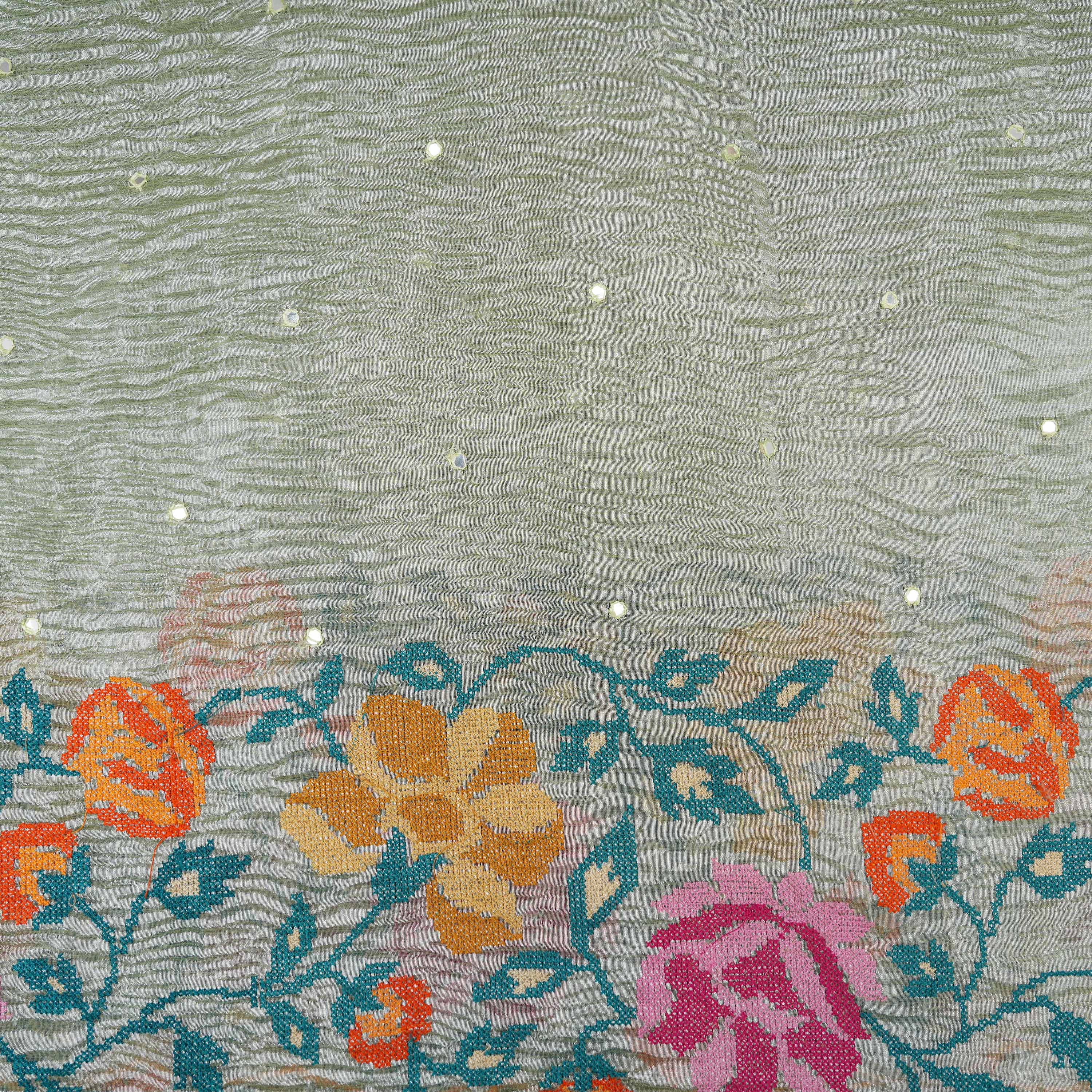 Pale Green Floral Emboidery On Crushed Tissue Fabric