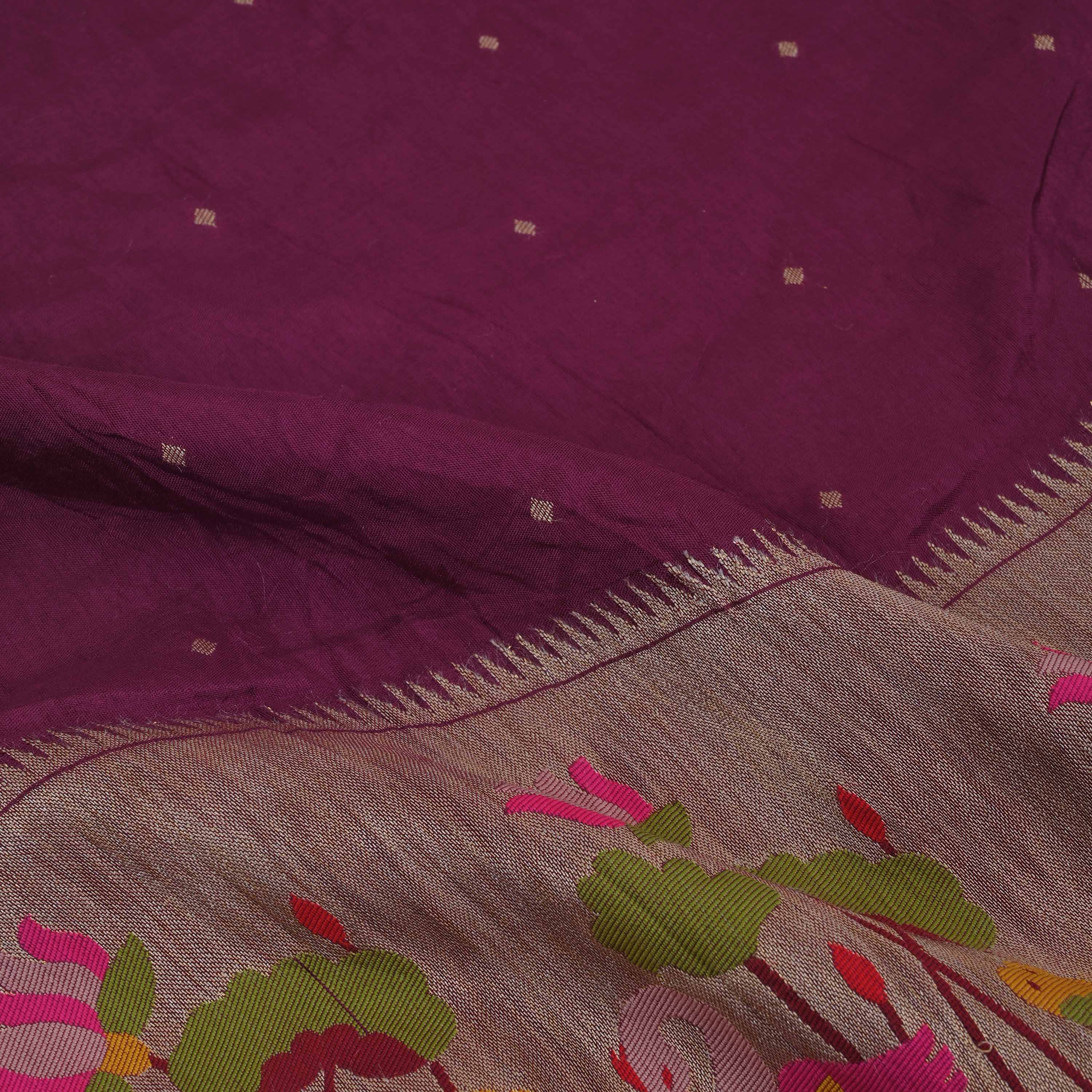 Tyrian Purple Paithani Fabric With Embroidery Border