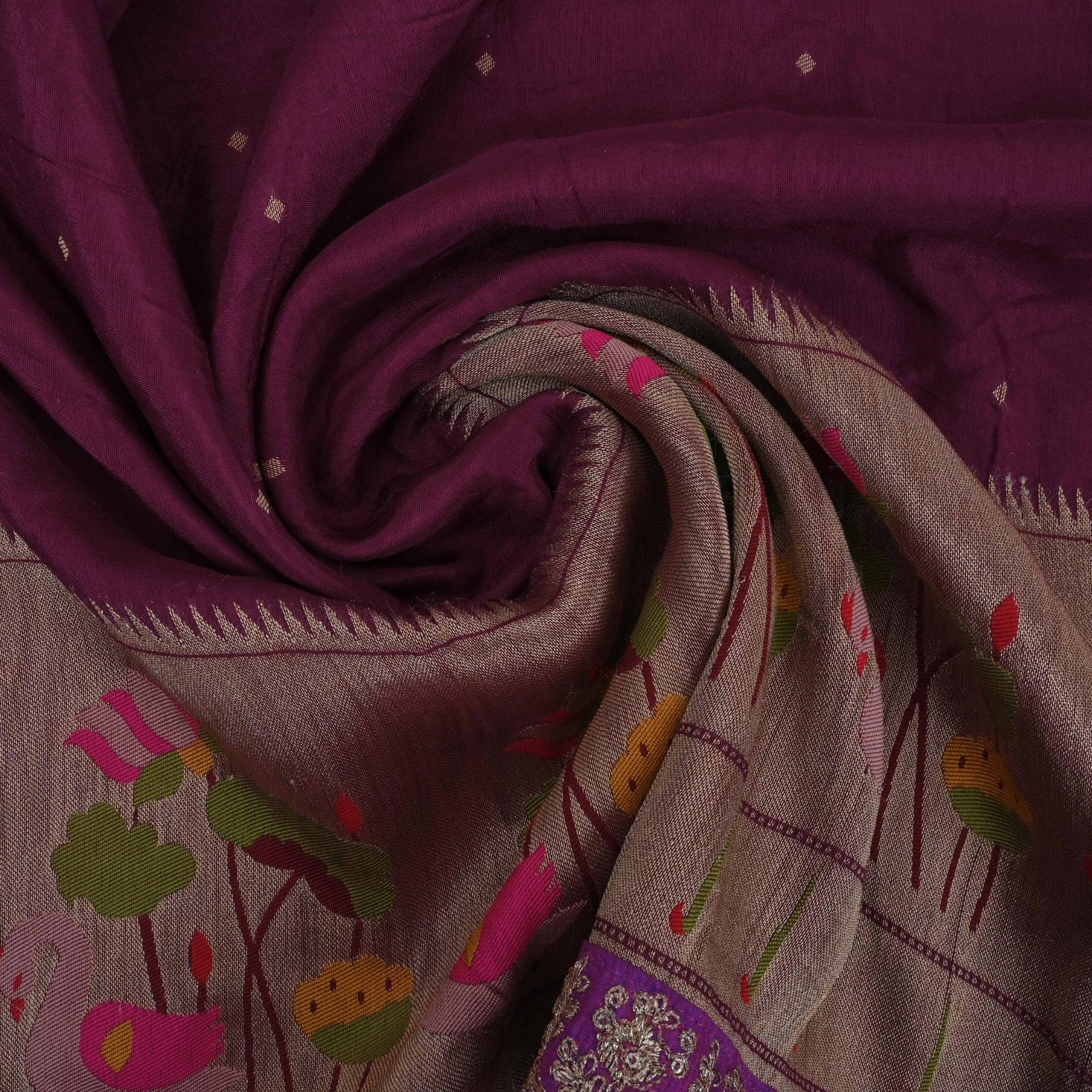 Tyrian Purple Paithani Fabric With Embroidery Border