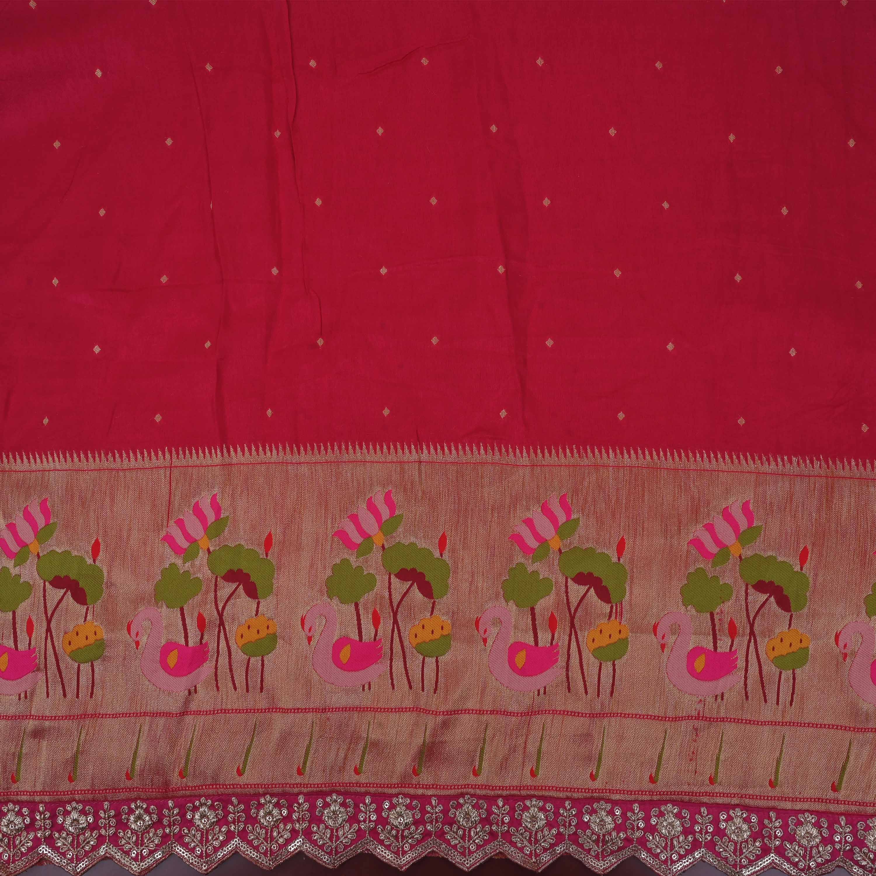 Raspberry Red Paithani Fabric With Embroidery Border