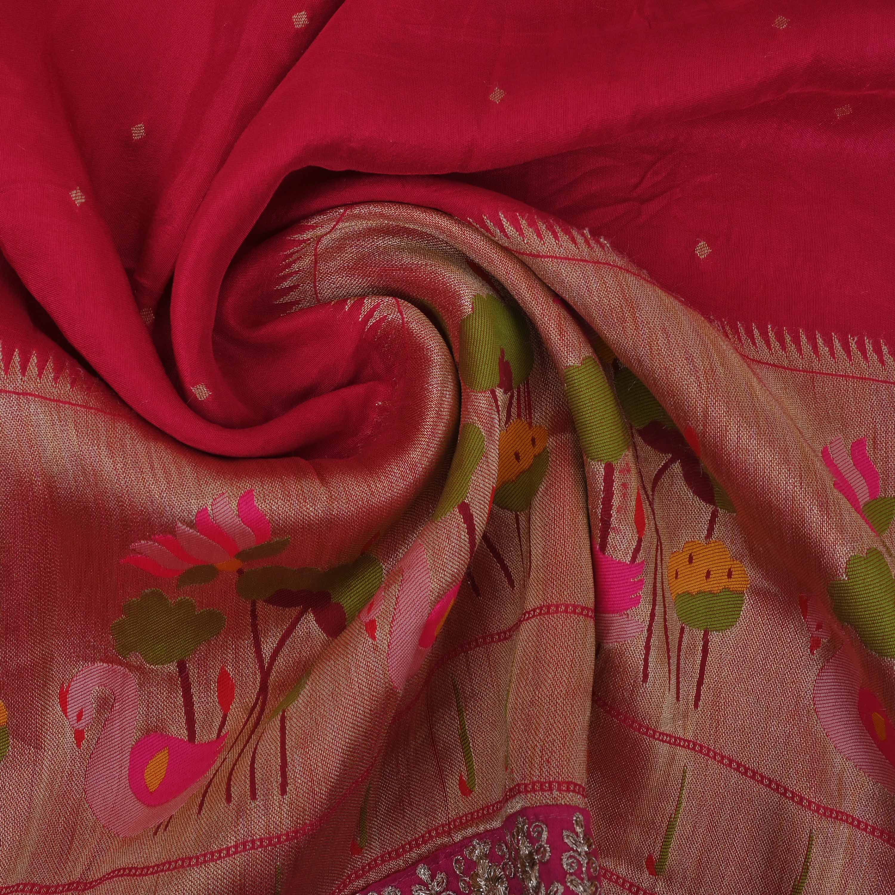 Raspberry Red Paithani Fabric With Embroidery Border