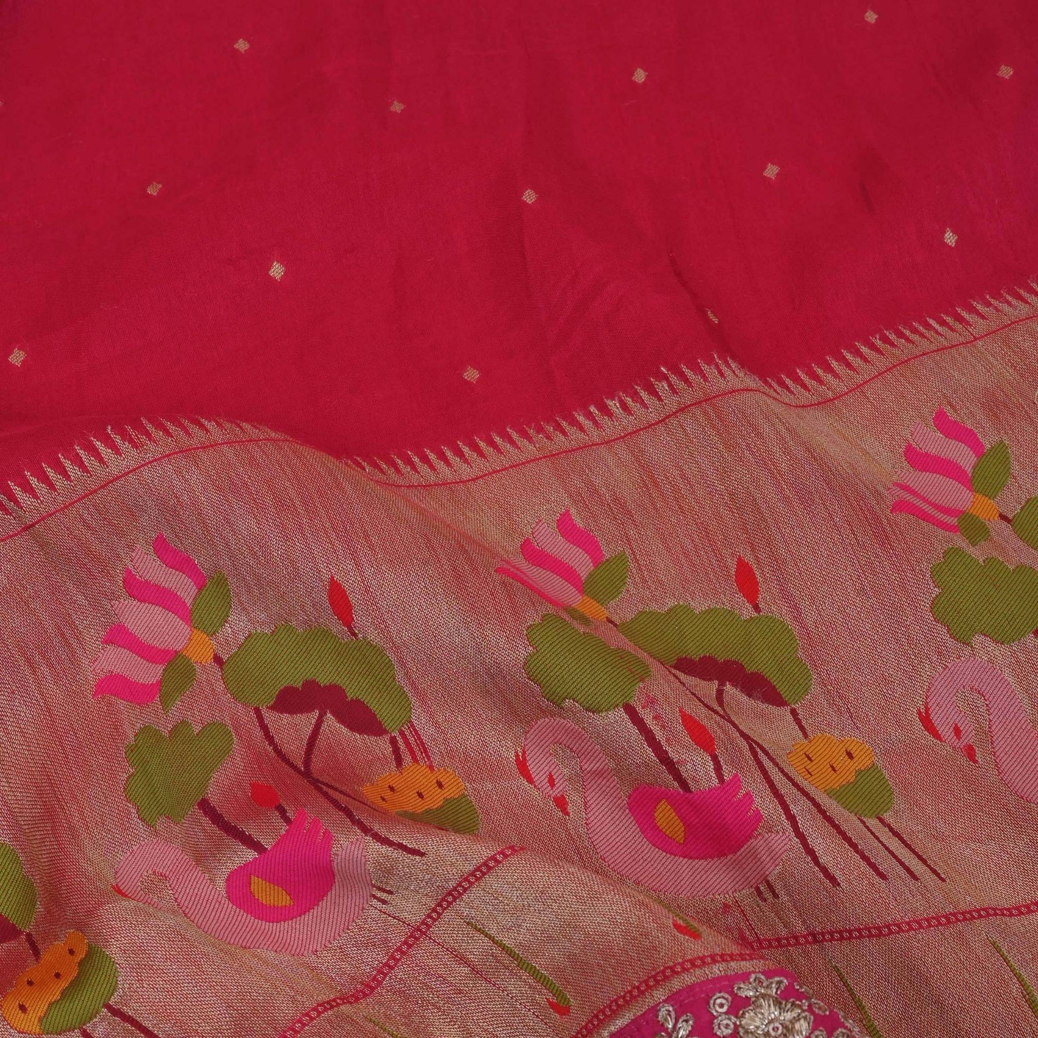 Raspberry Red Paithani Fabric With Embroidery Border