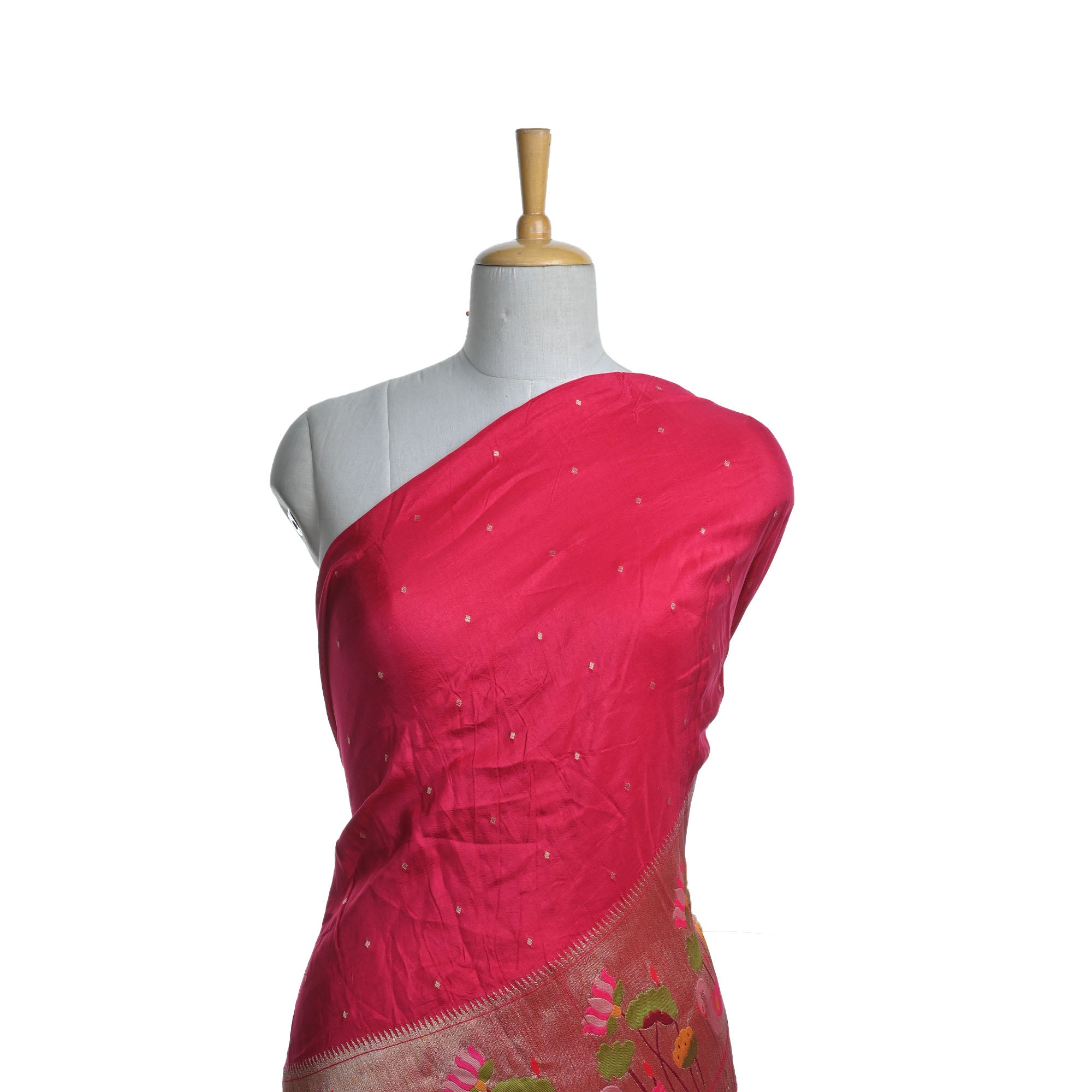 Raspberry Red Paithani Fabric With Embroidery Border