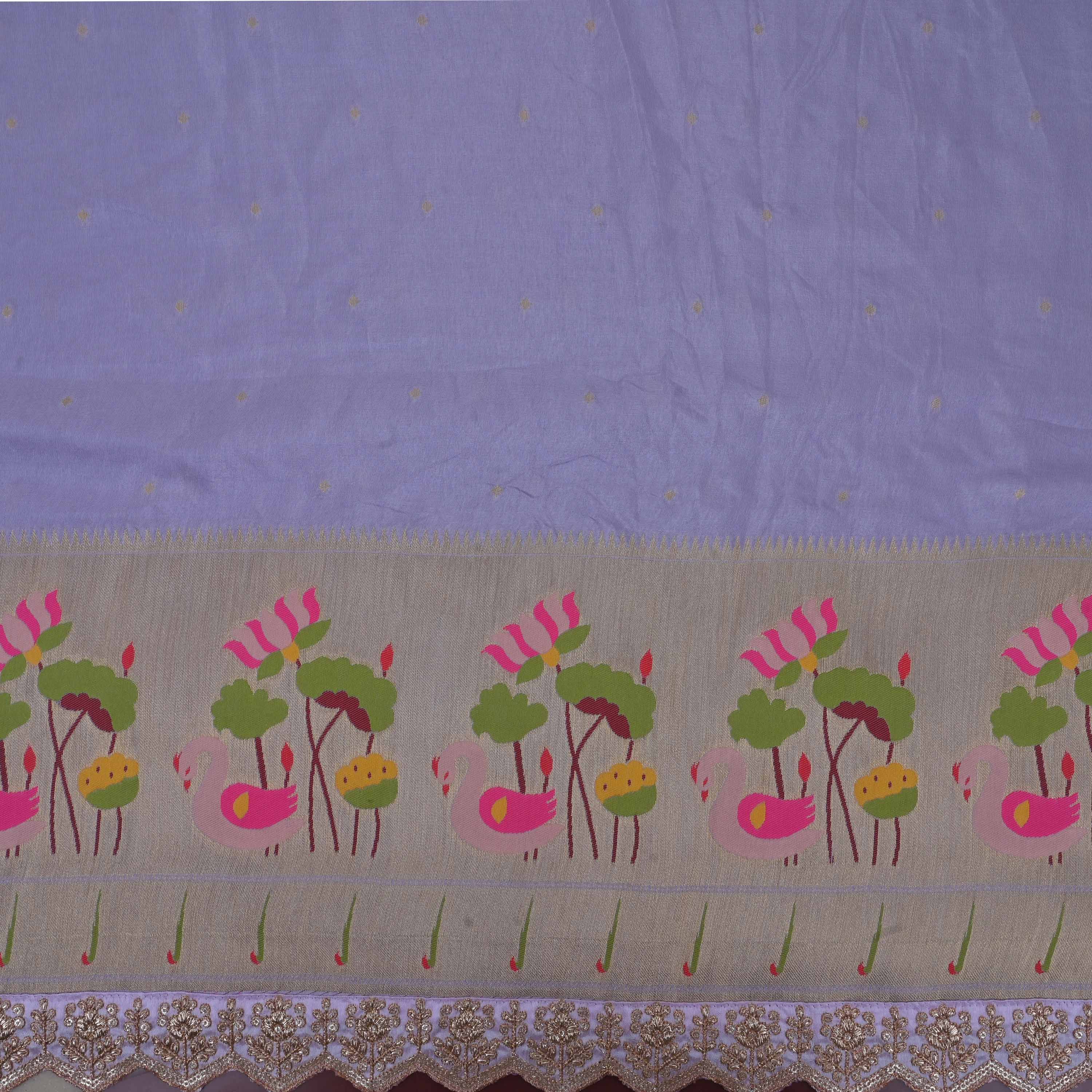 Lavender Grey Paithani Fabric With Embroidery Border