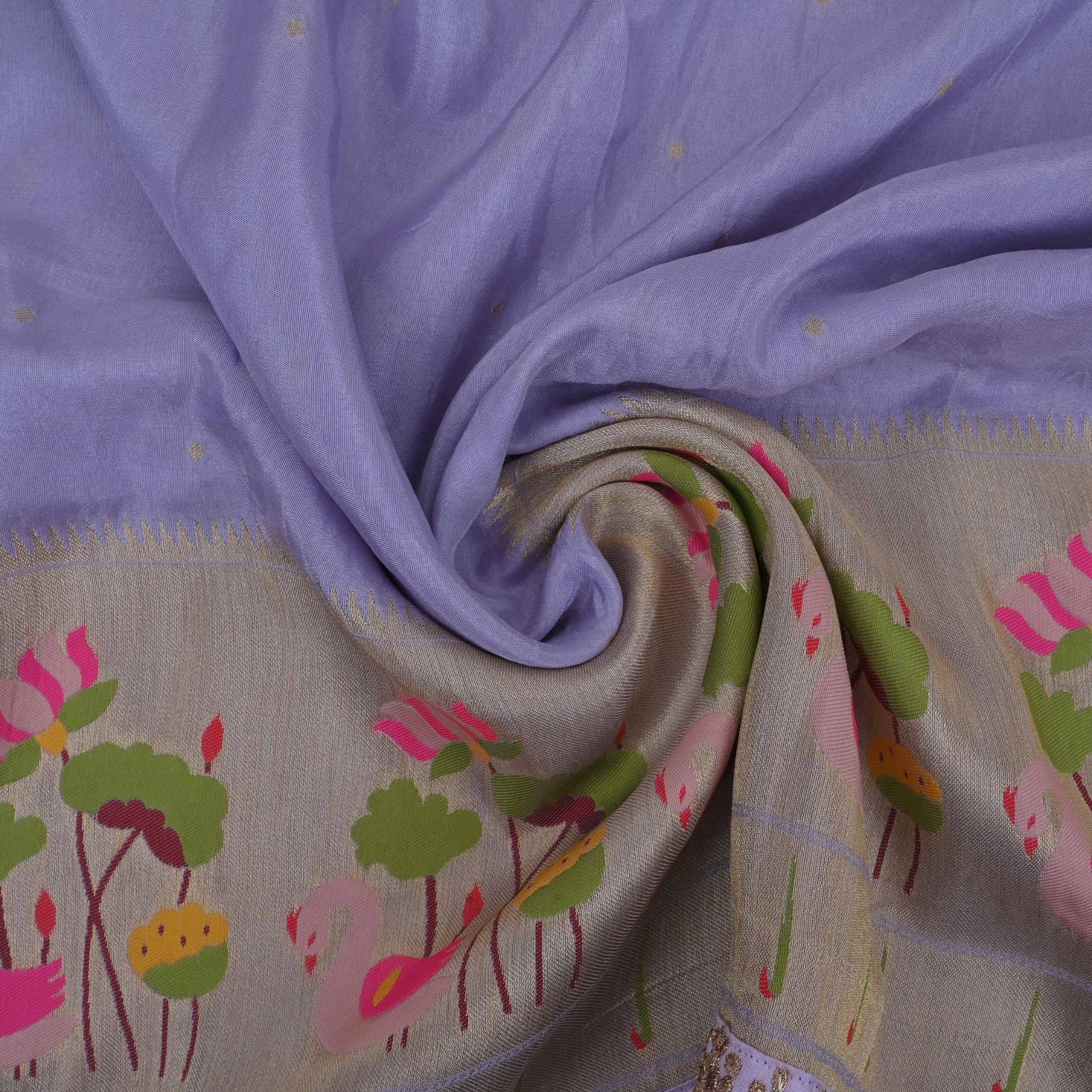 Lavender Grey Paithani Fabric With Embroidery Border