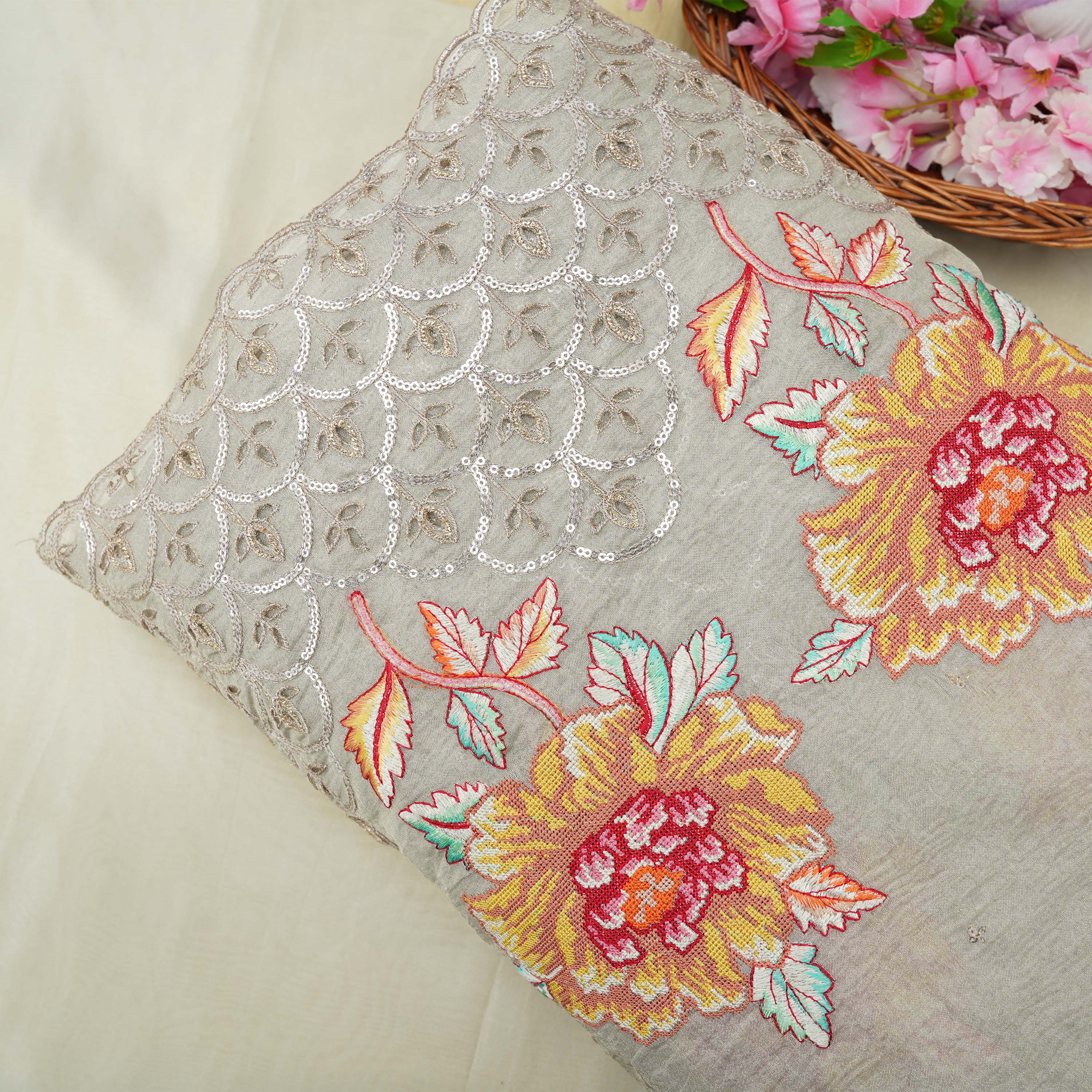 Pale Gray Embroidery With Sequins And Floral Highlights Tissue Fabric