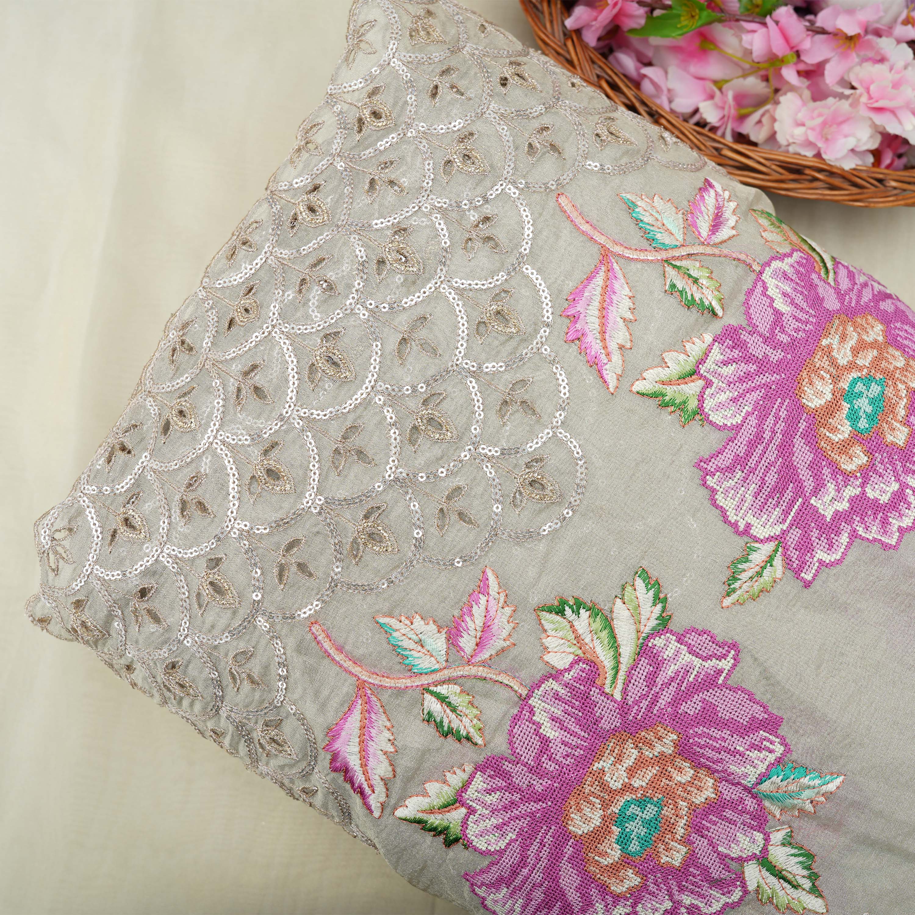 Silver Embroidery With Sequins And Floral Tissue Fabric
