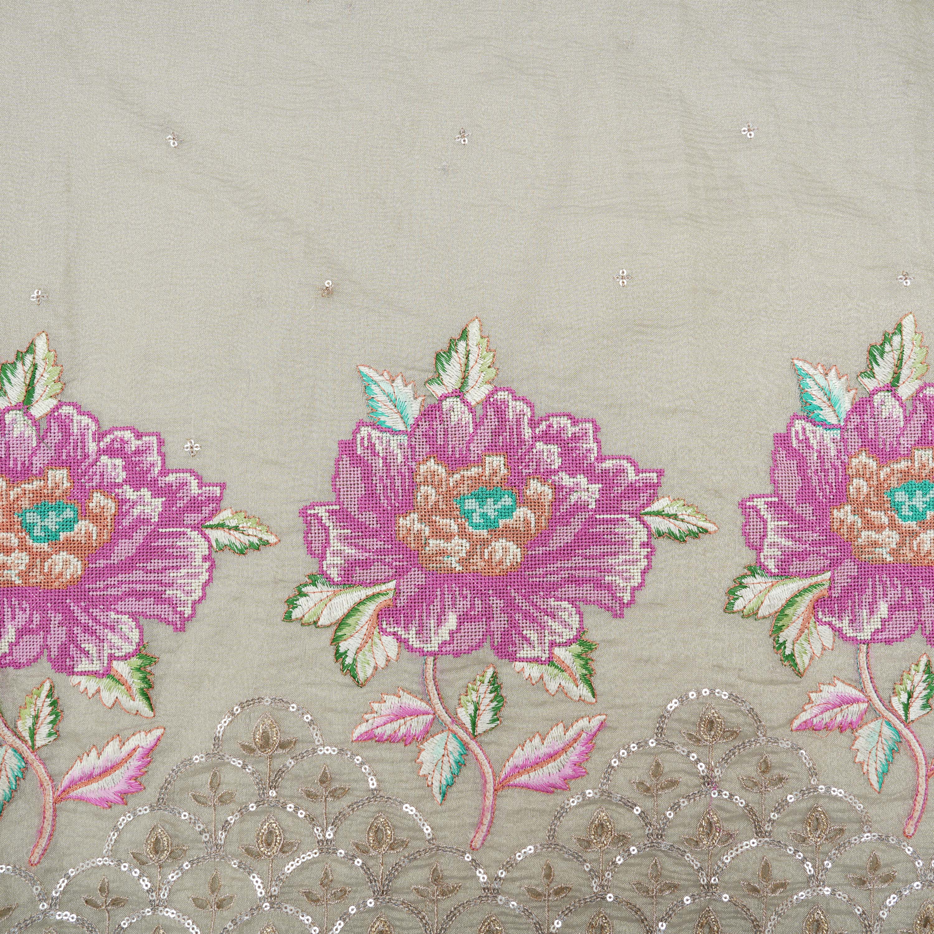 Silver Embroidery With Sequins And Floral Tissue Fabric