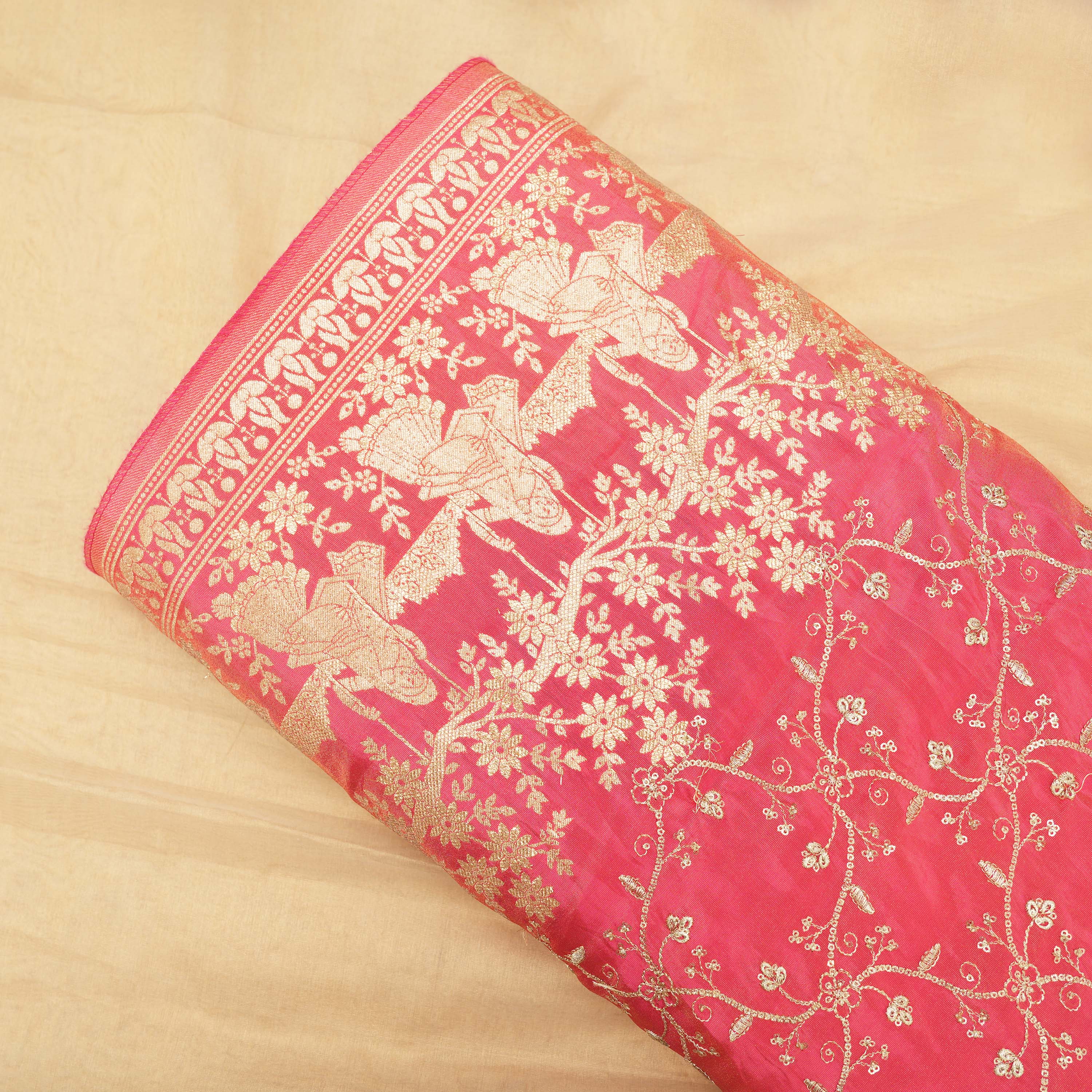 Golden Yellow Zari Swing Motif On Tissue Fabric