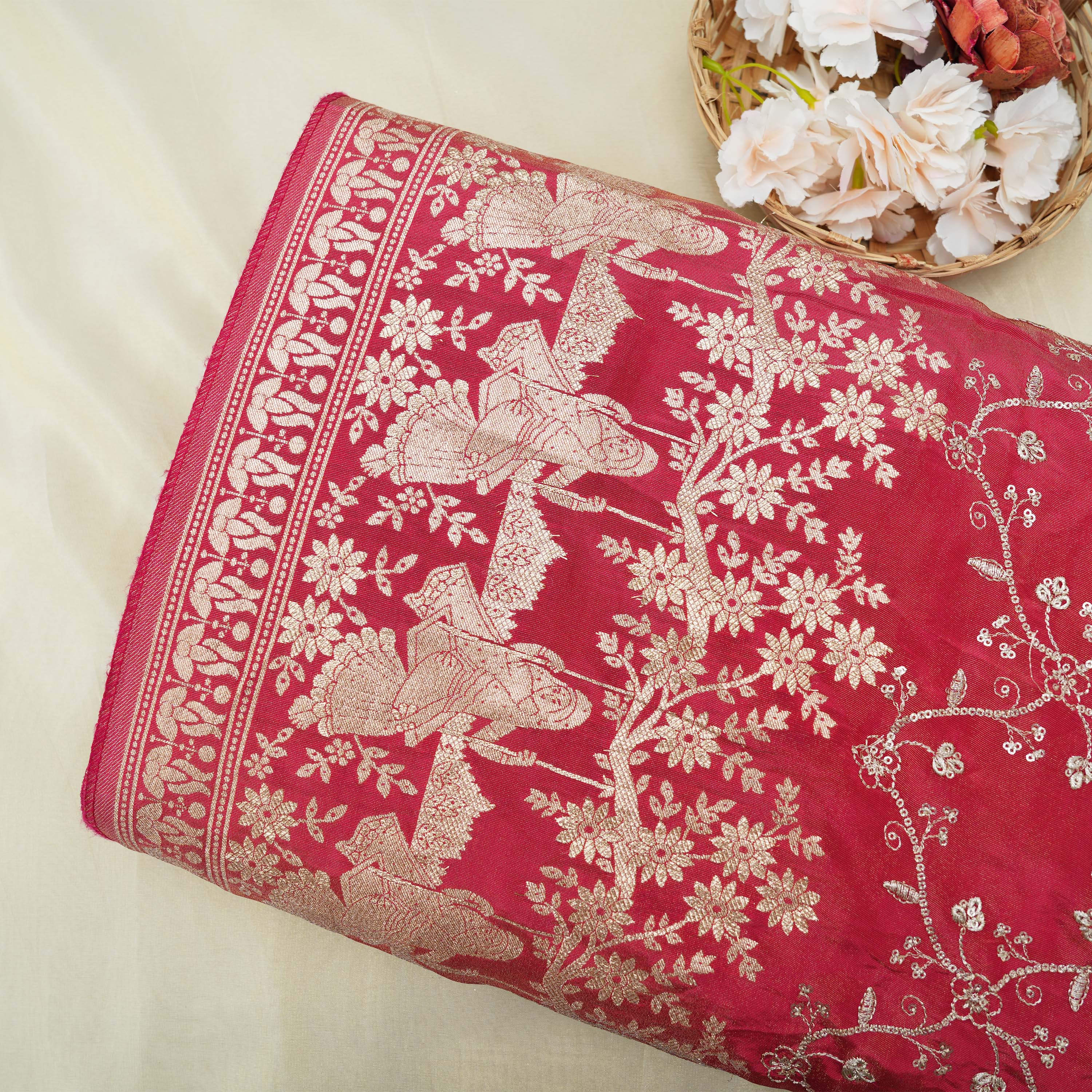 Crimson Red Zari And Sequin Work Tissue Fabric