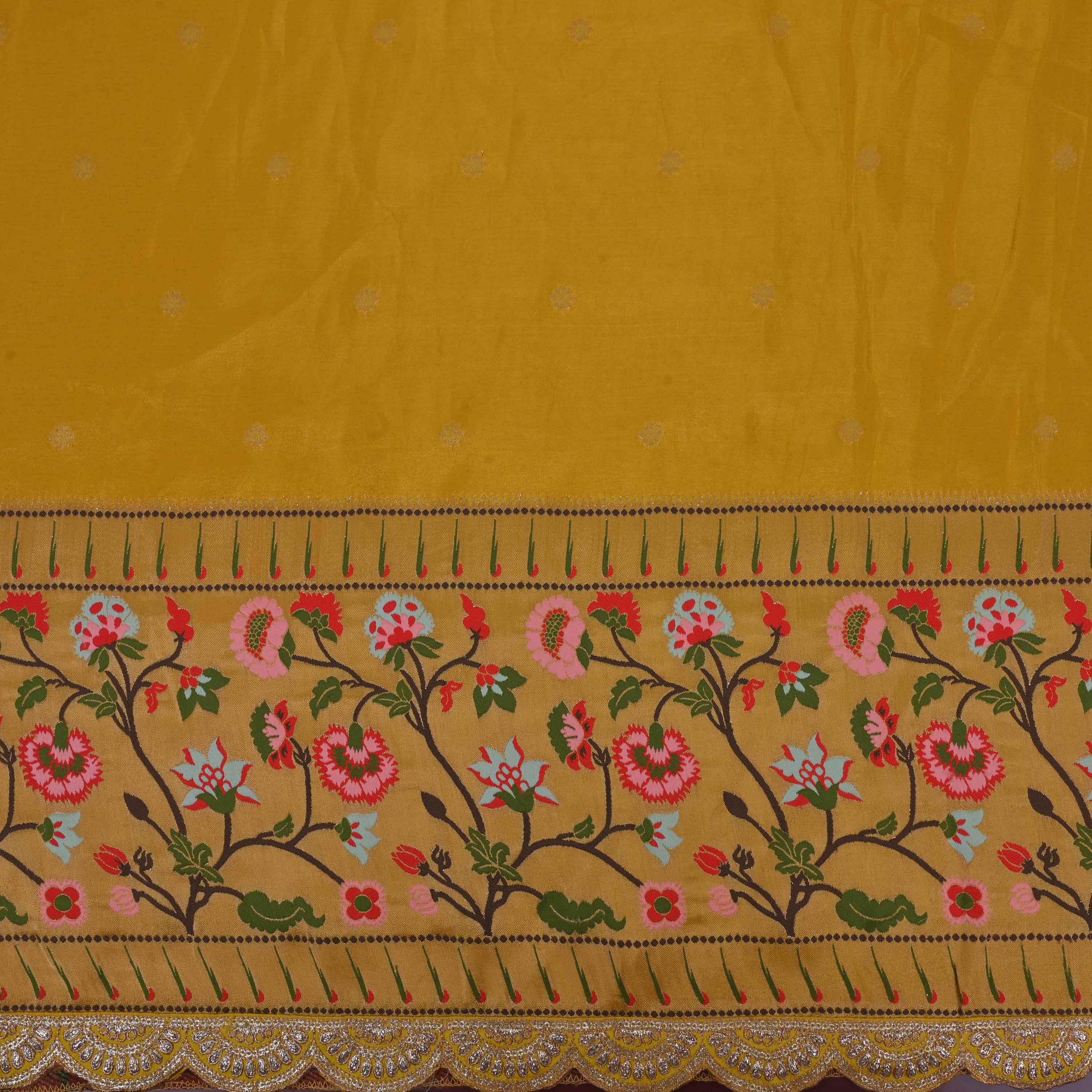 Tangerine Yellow Paithani Fabric With Embroidery Border