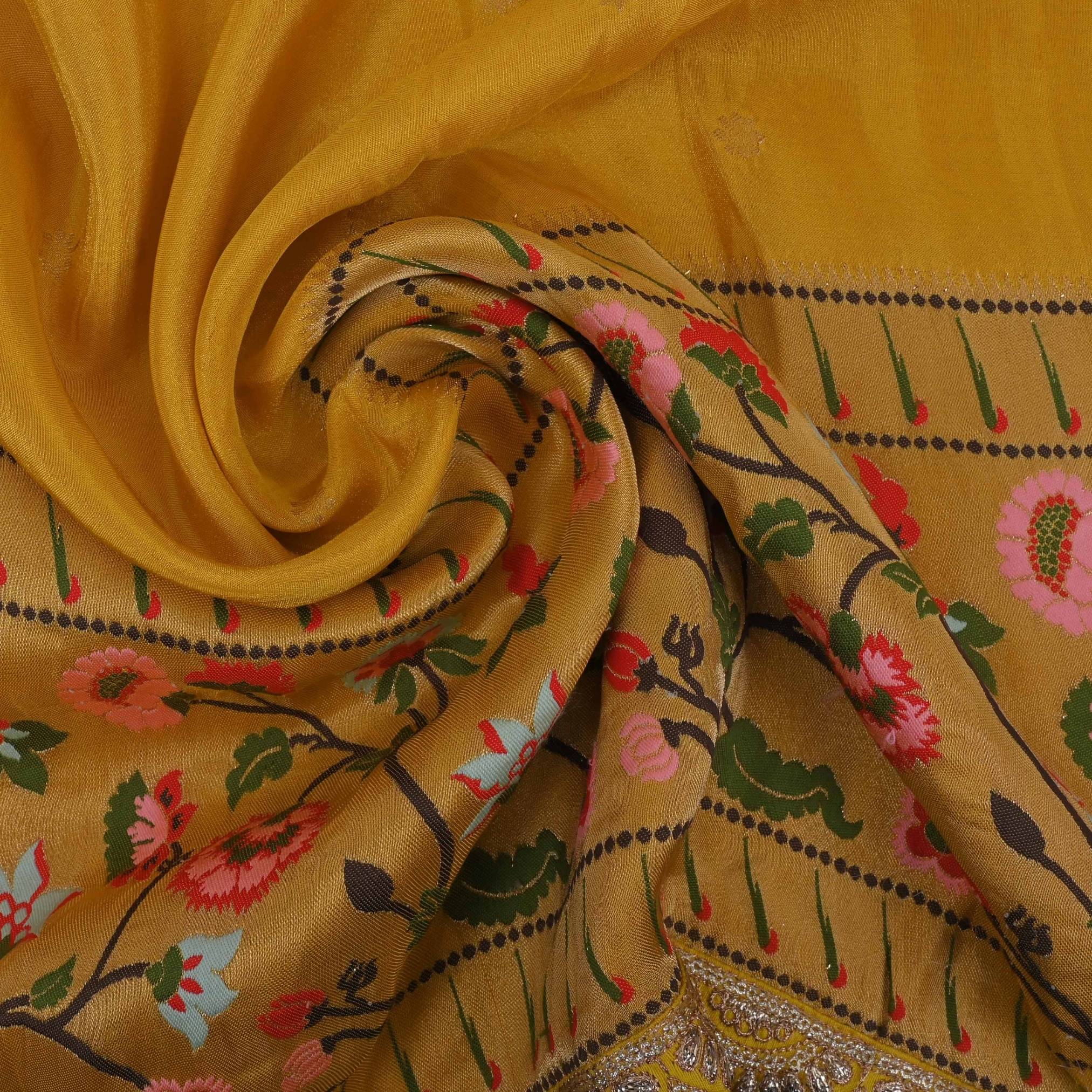 Tangerine Yellow Paithani Fabric With Embroidery Border