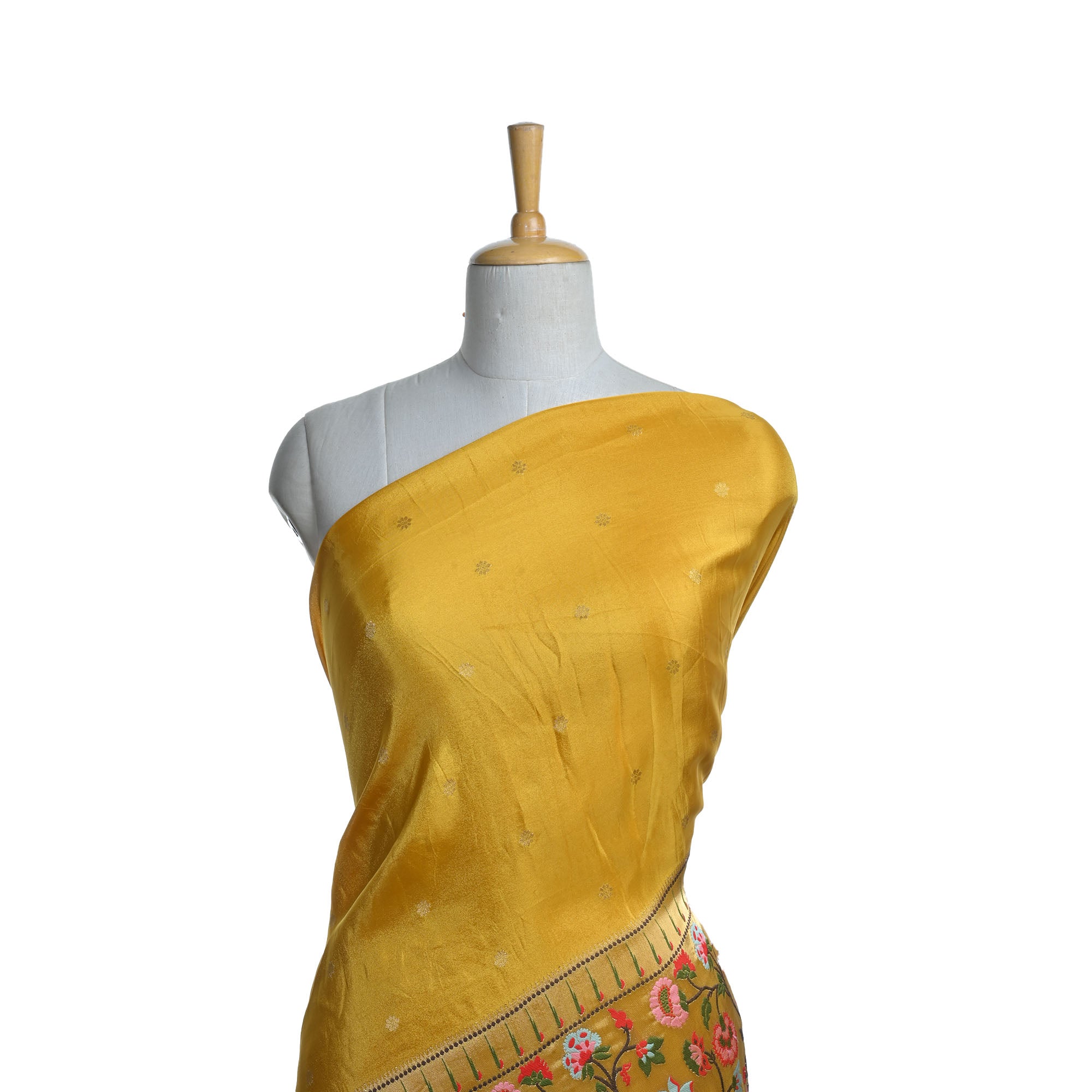 Tangerine Yellow Paithani Fabric With Embroidery Border