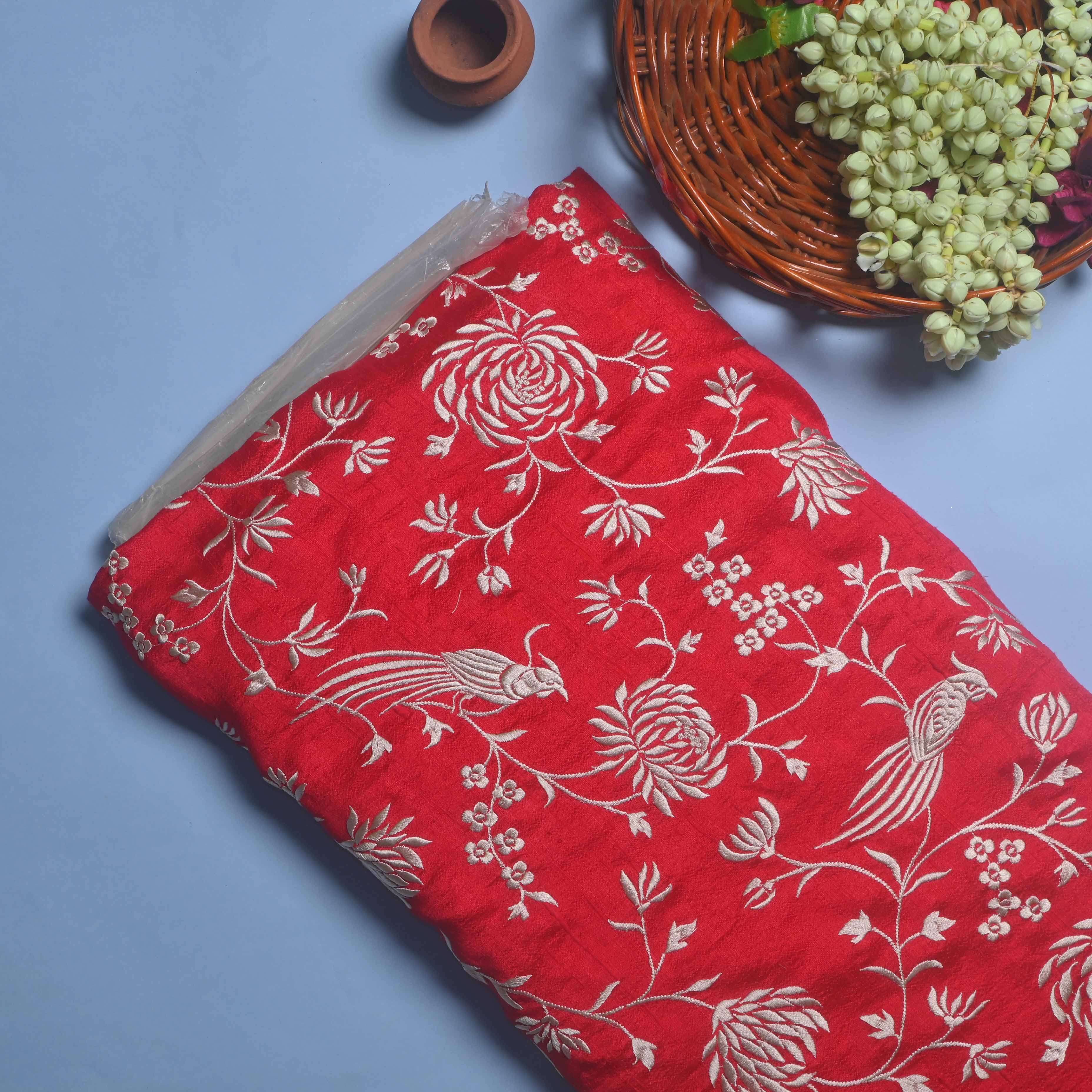 Imperial Red Parsi Embroidery Raw Silk Fabric
