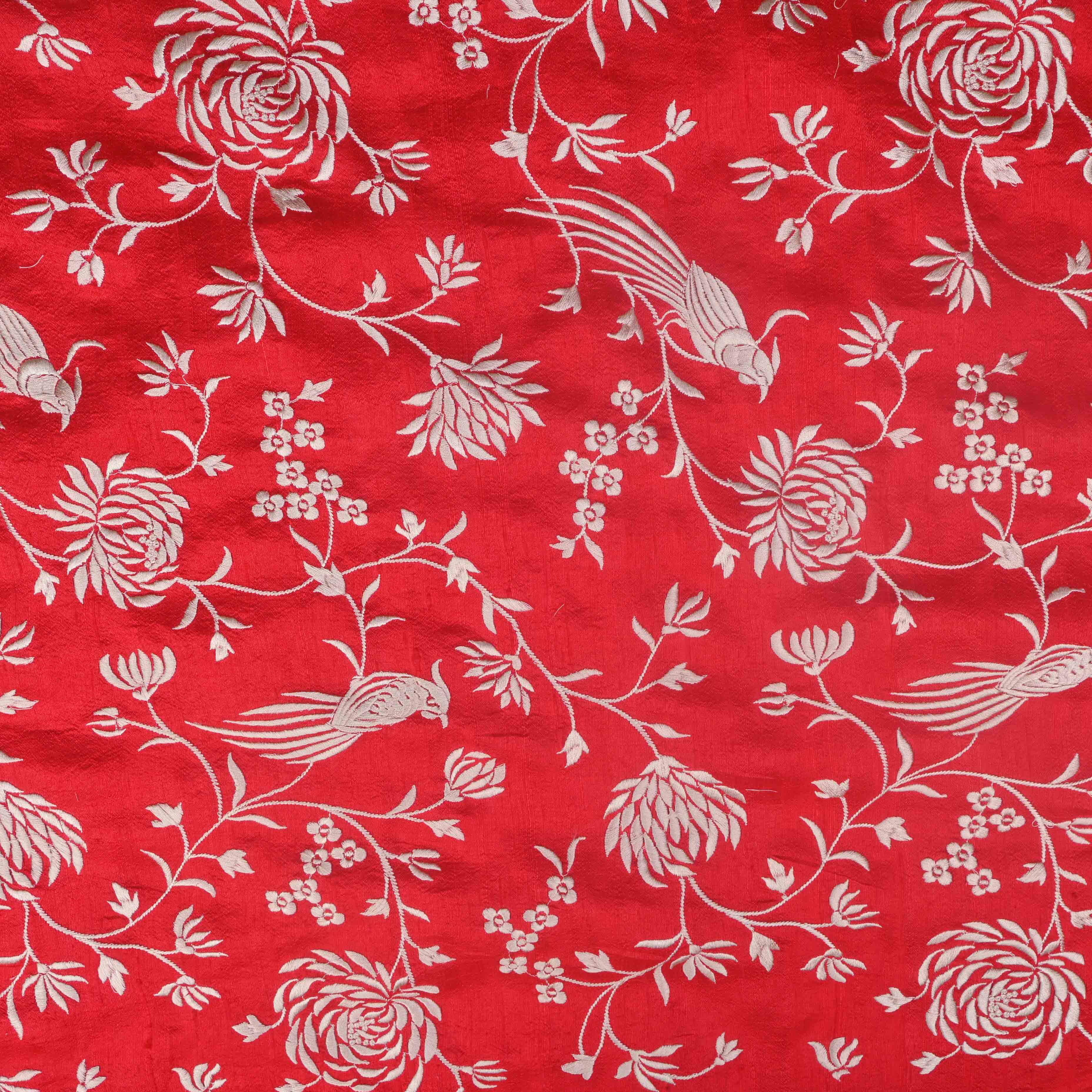 Imperial Red Parsi Embroidery Raw Silk Fabric