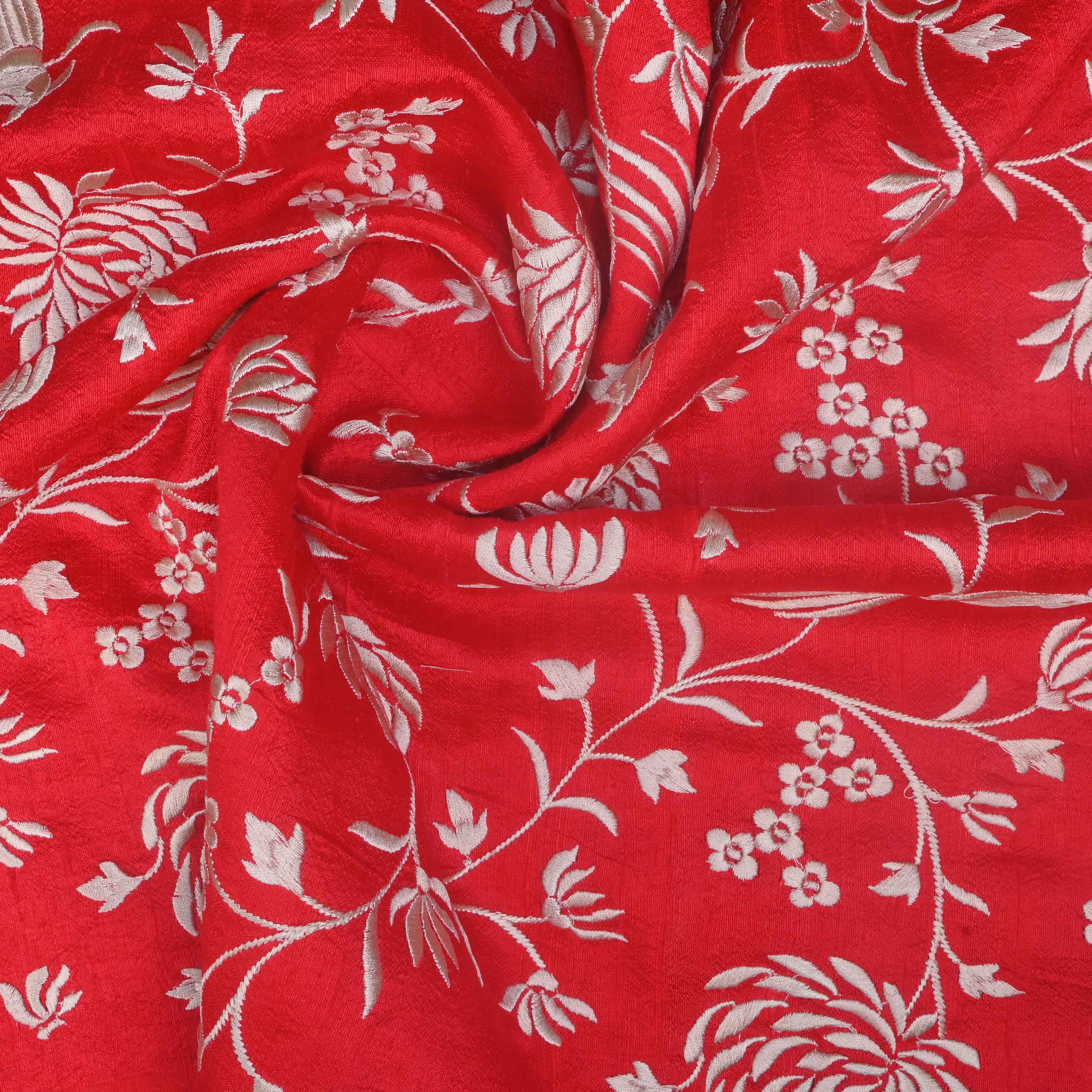 Imperial Red Parsi Embroidery Raw Silk Fabric