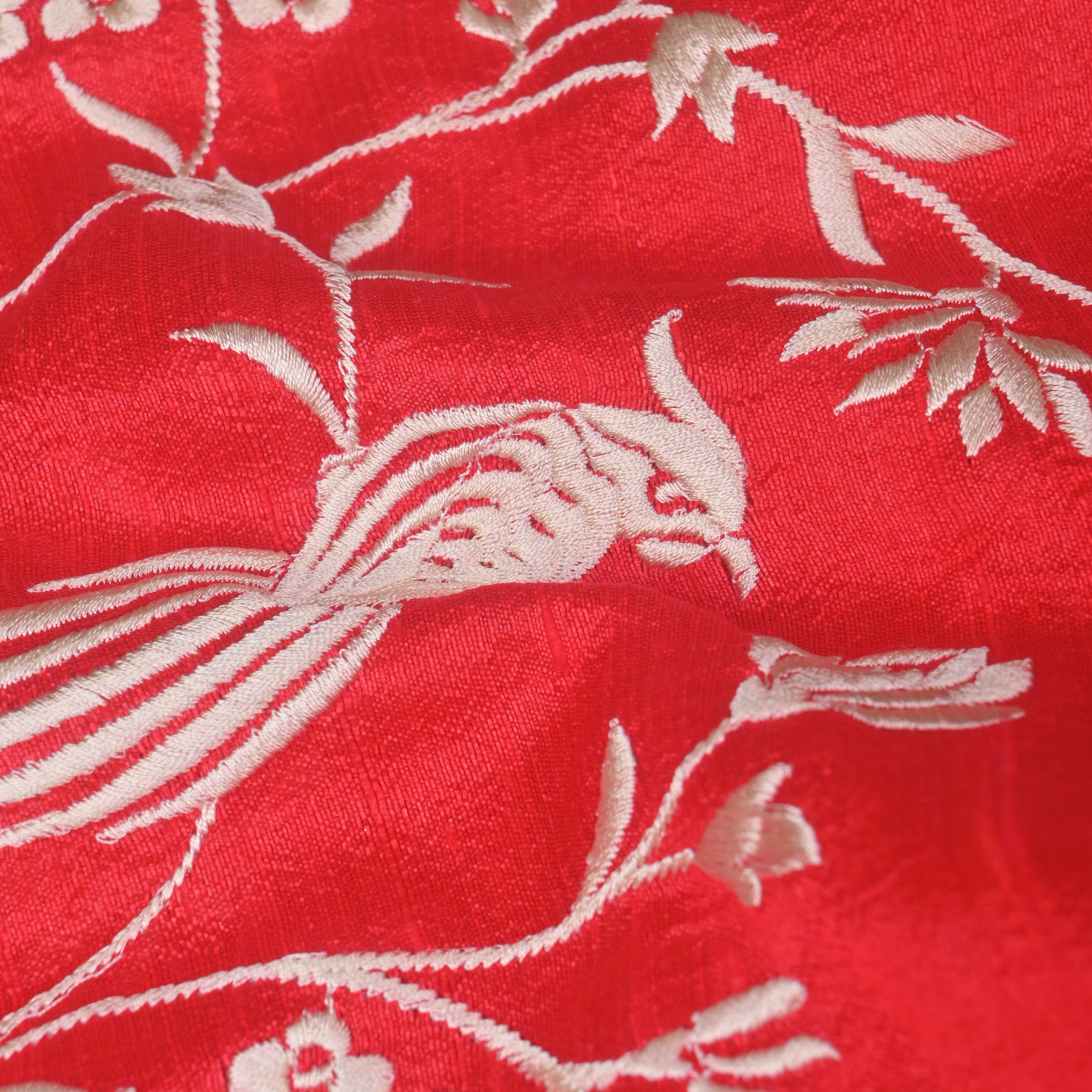 Imperial Red Parsi Embroidery Raw Silk Fabric