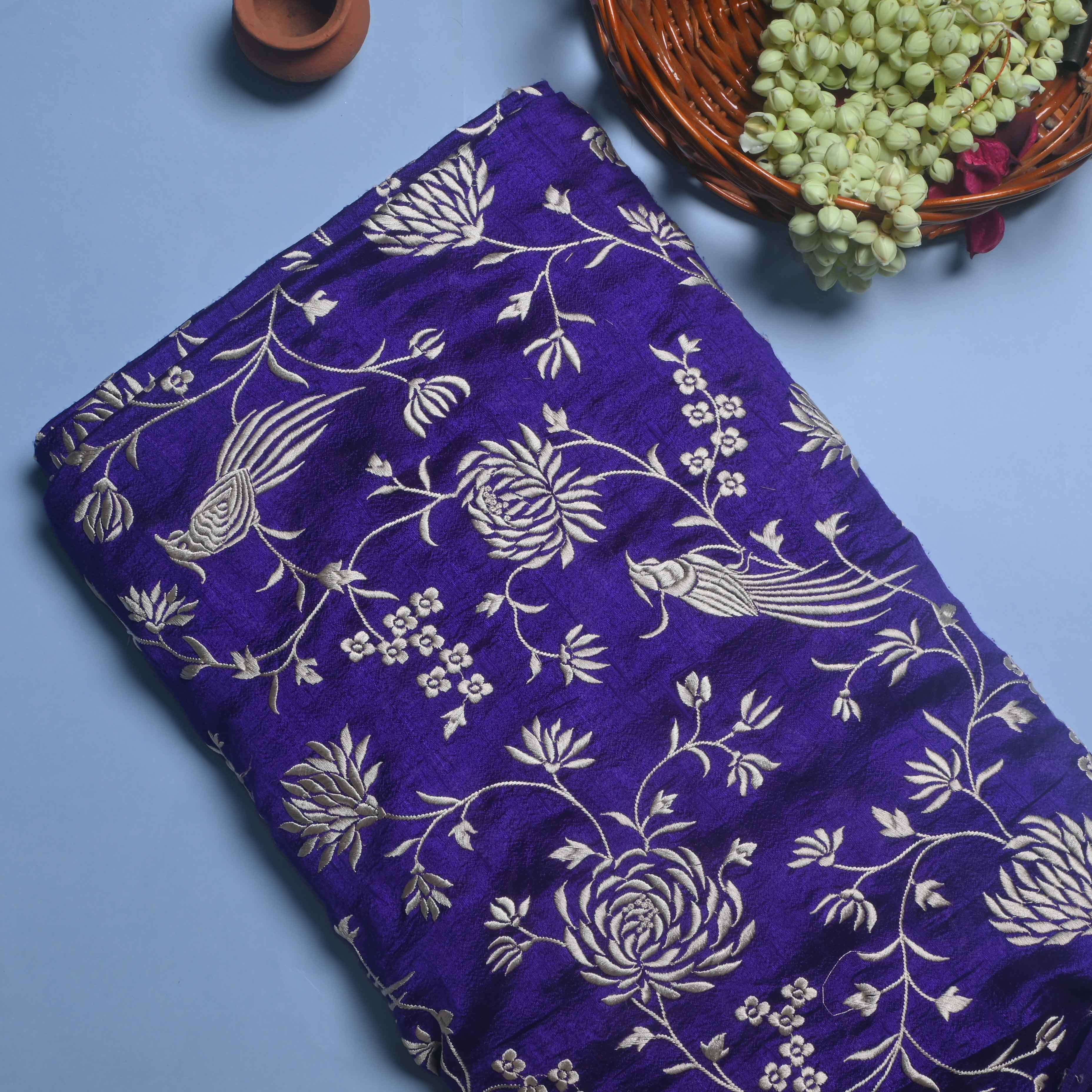 Navy Blue Parsi Embroidery Raw Silk Fabric