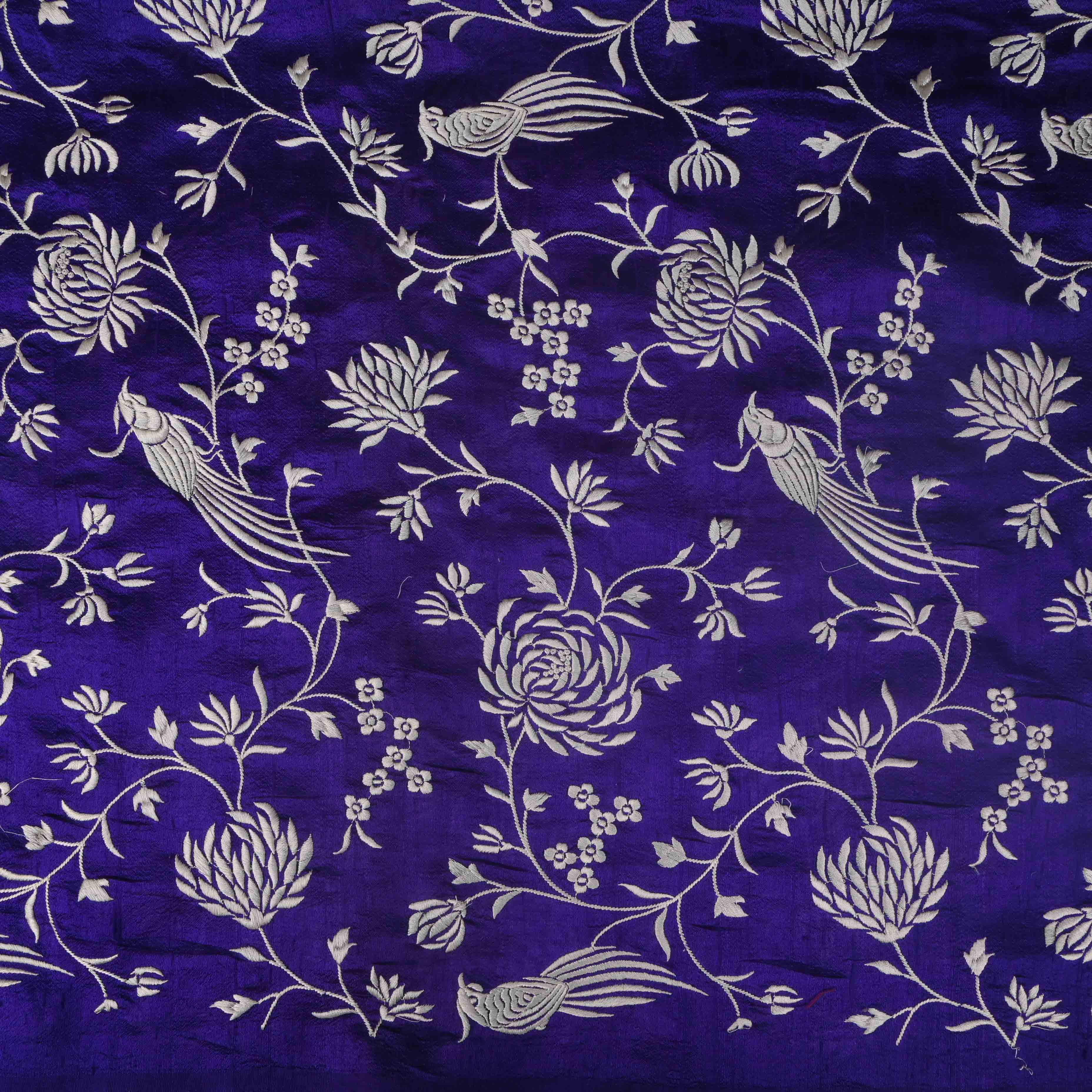 Navy Blue Parsi Embroidery Raw Silk Fabric