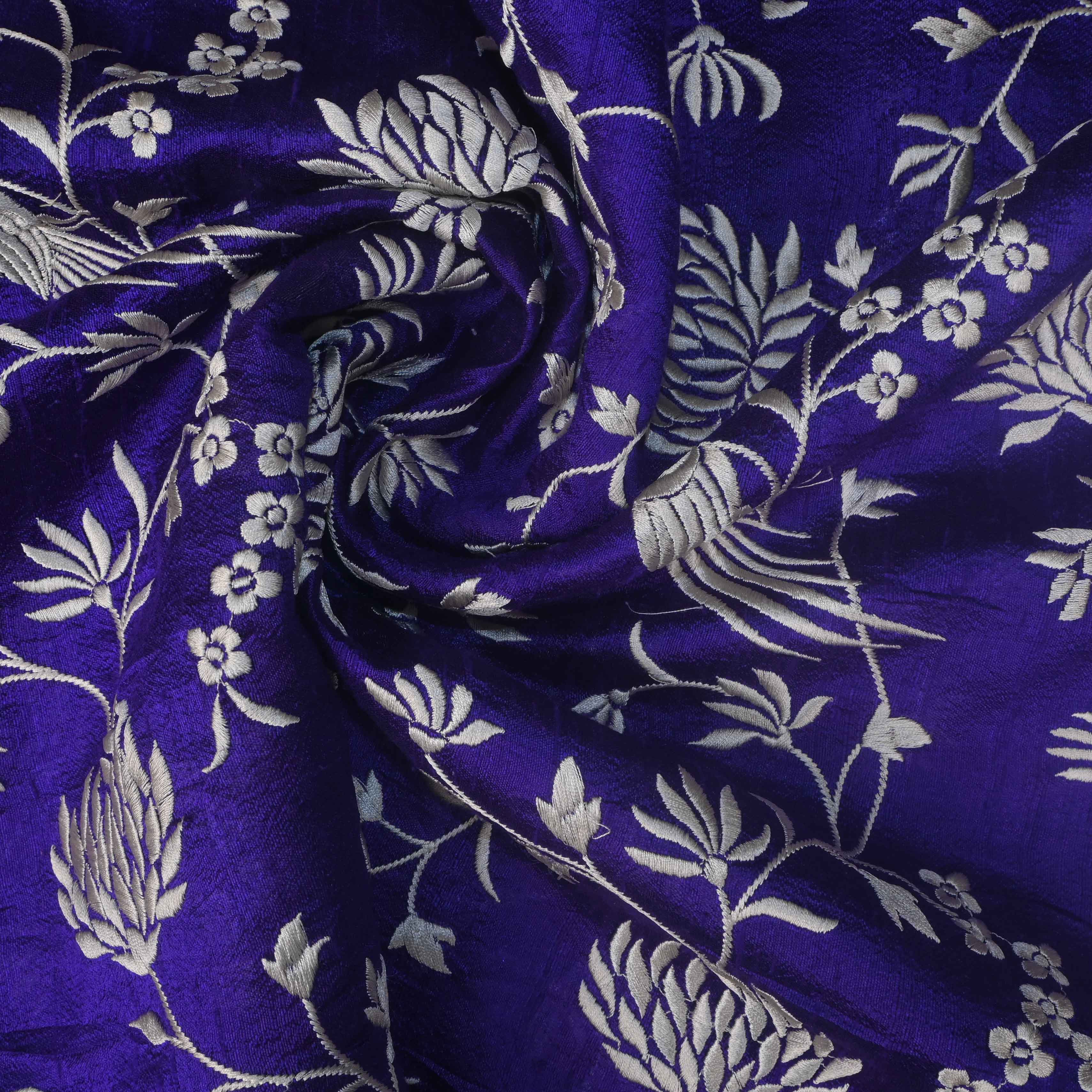 Navy Blue Parsi Embroidery Raw Silk Fabric