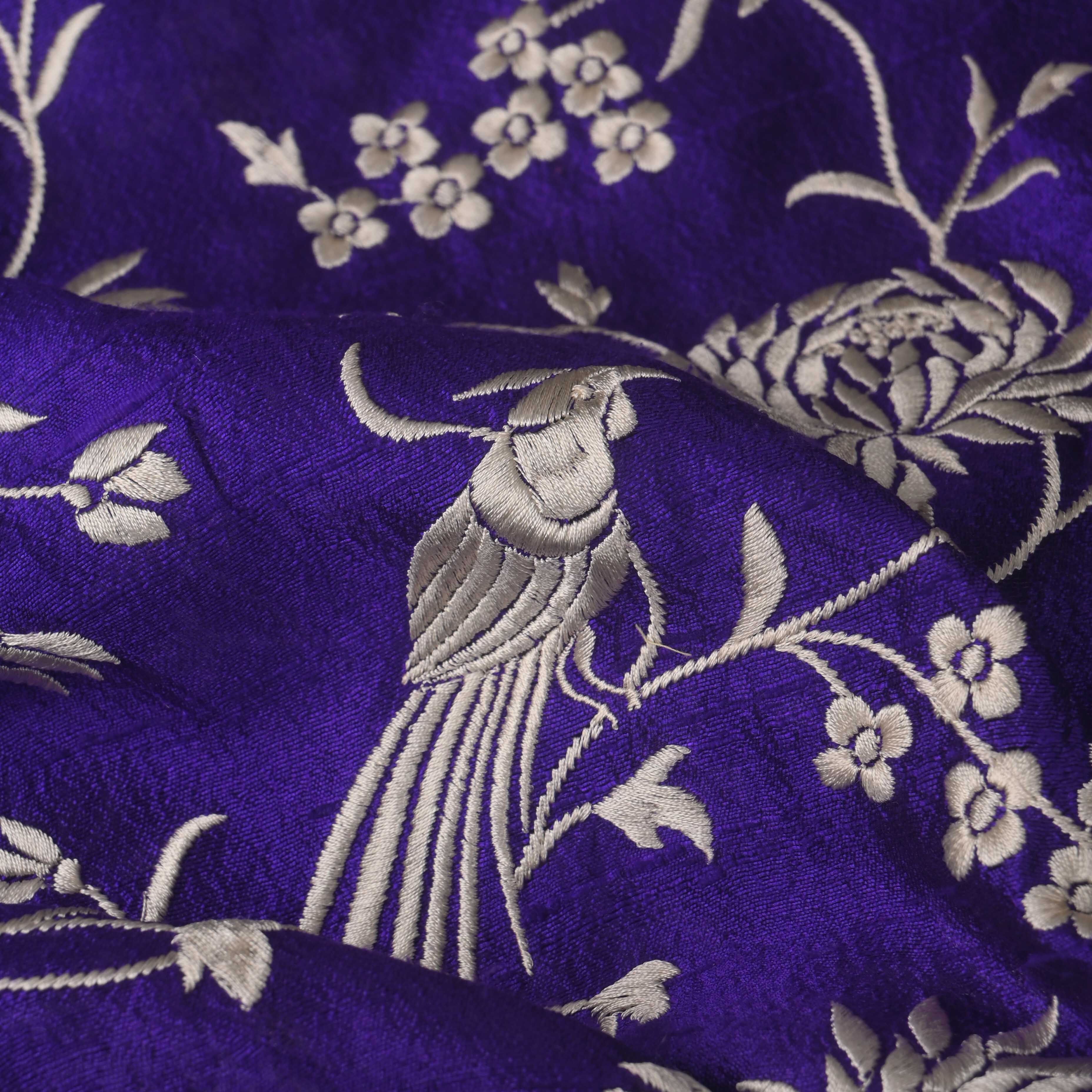 Navy Blue Parsi Embroidery Raw Silk Fabric