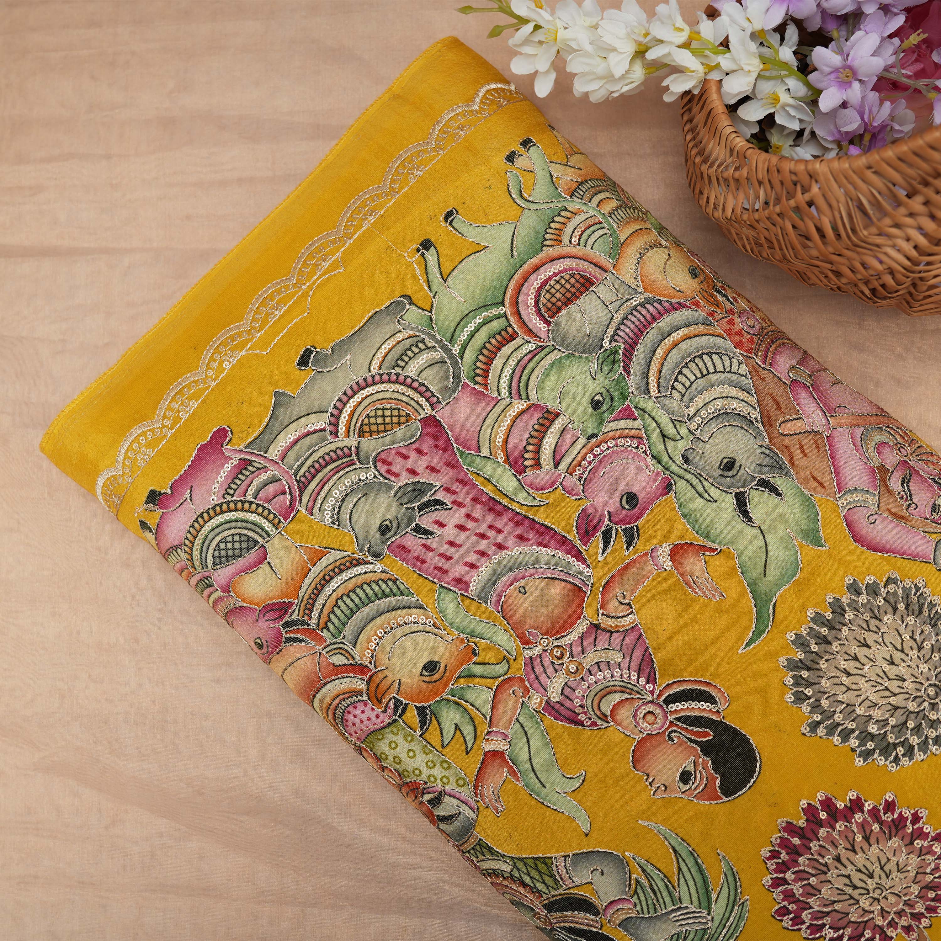 Golden Ochre Kalamkari Tissue With Sequins