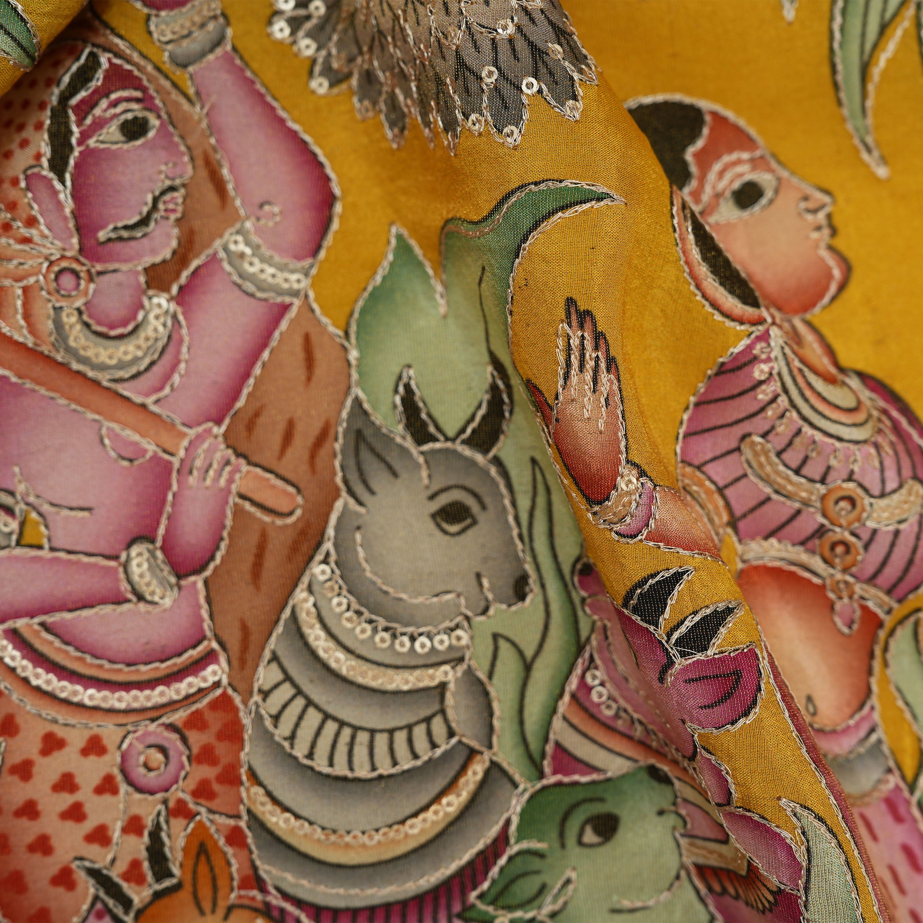 Golden Ochre Kalamkari Tissue With Sequins