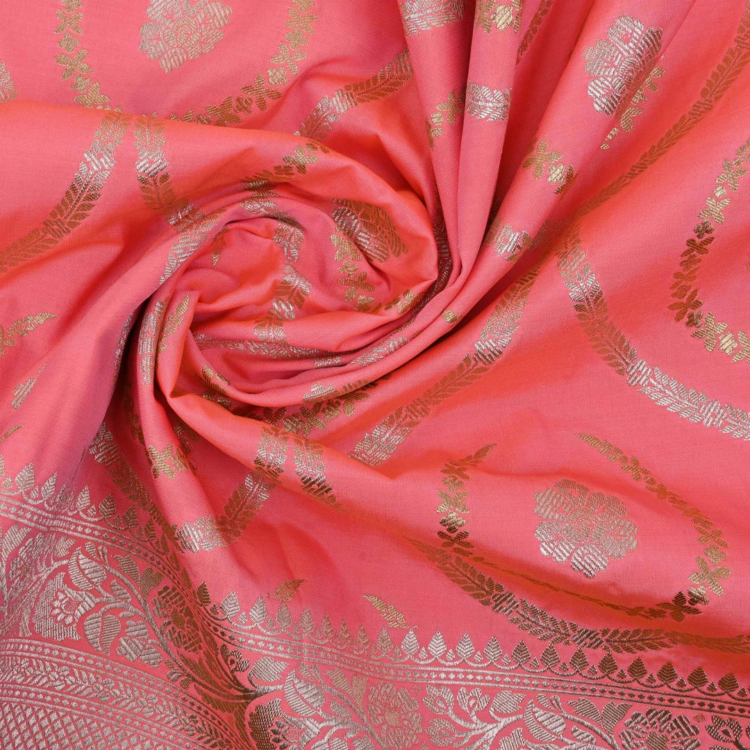 Flamingo Pink Banarasi Floral Fabric