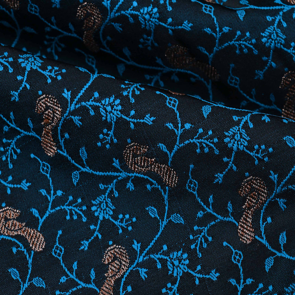 Marine Blue Floral-Bird Banarasi Fabric