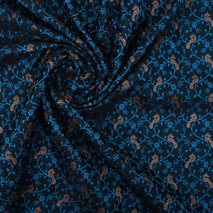 Marine Blue Floral-Bird Banarasi Fabric