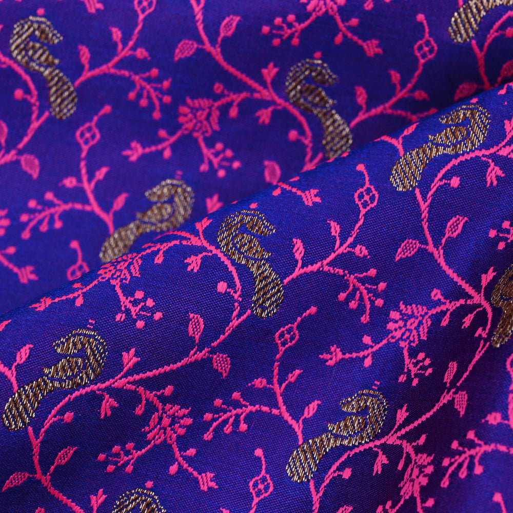 Egyptian Blue Floral-Bird Banarasi Fabric