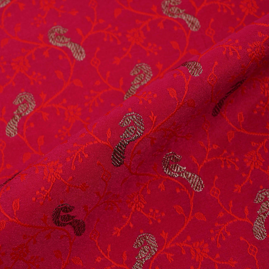 Cardinals Red Floral-Bird Banarasi Fabric