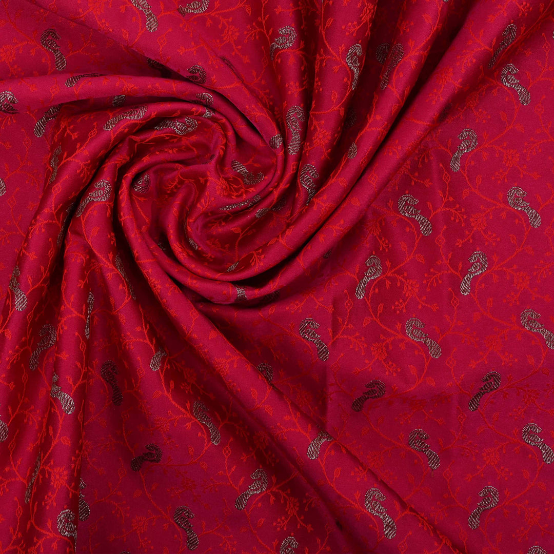 Cardinals Red Floral-Bird Banarasi Fabric