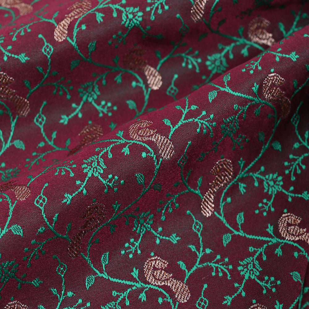 Purple Brown Floral-Bird Banarasi Fabric