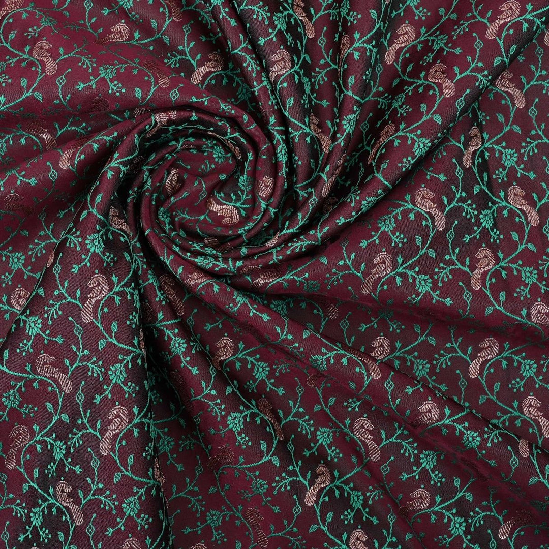 Purple Brown Floral-Bird Banarasi Fabric