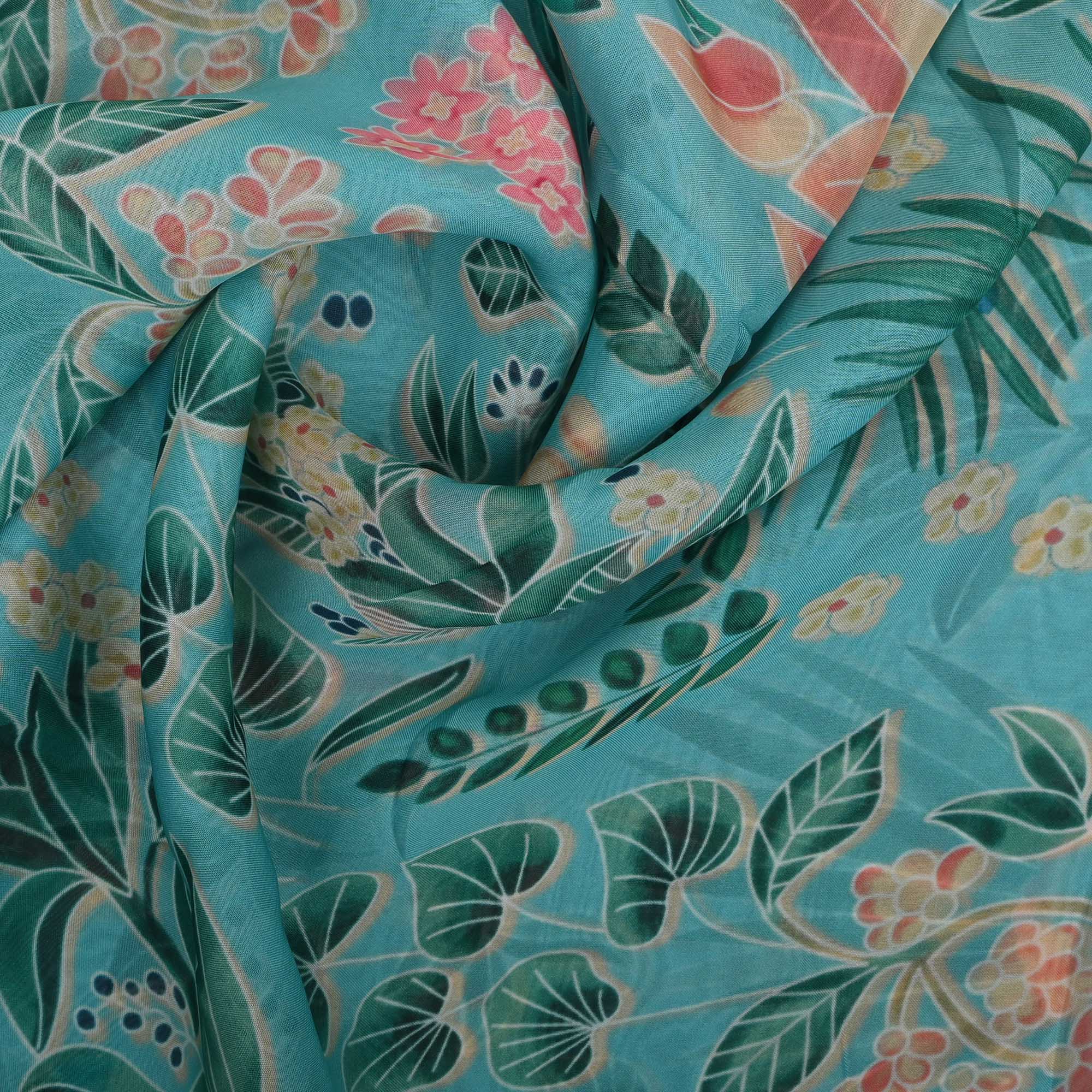 Aqua Blue Printed Floral Organza Fabric