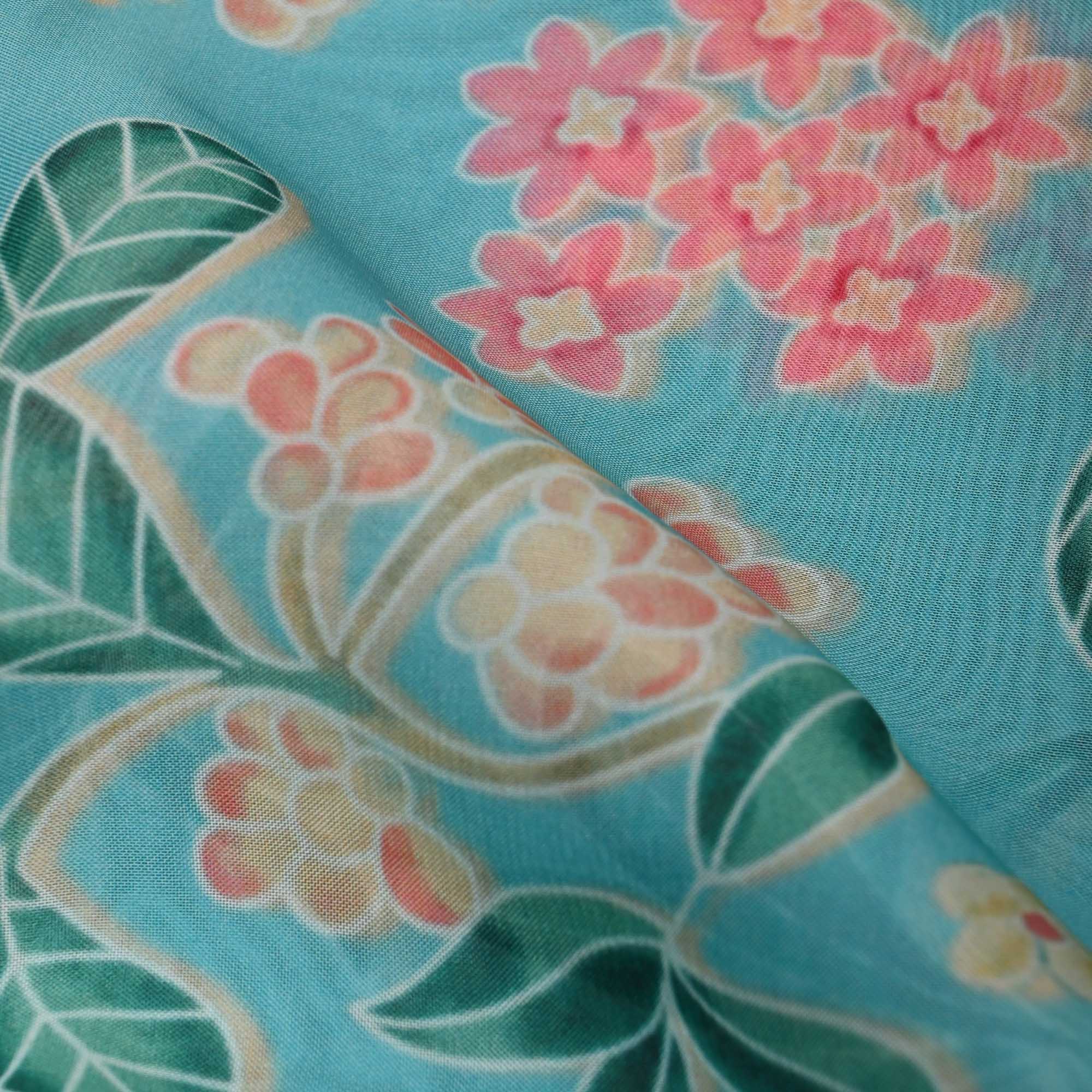 Aqua Blue Printed Floral Organza Fabric