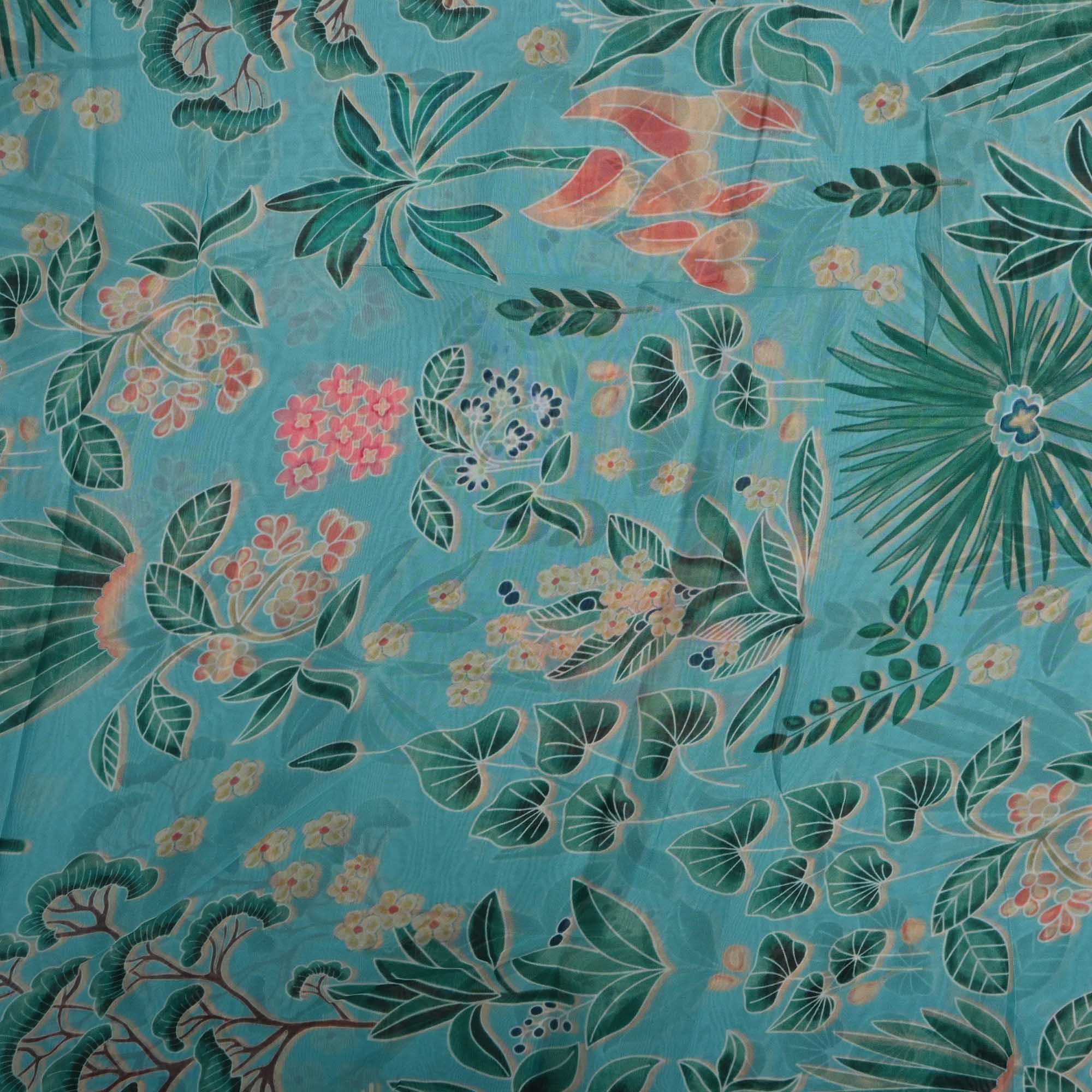 Aqua Blue Printed Floral Organza Fabric