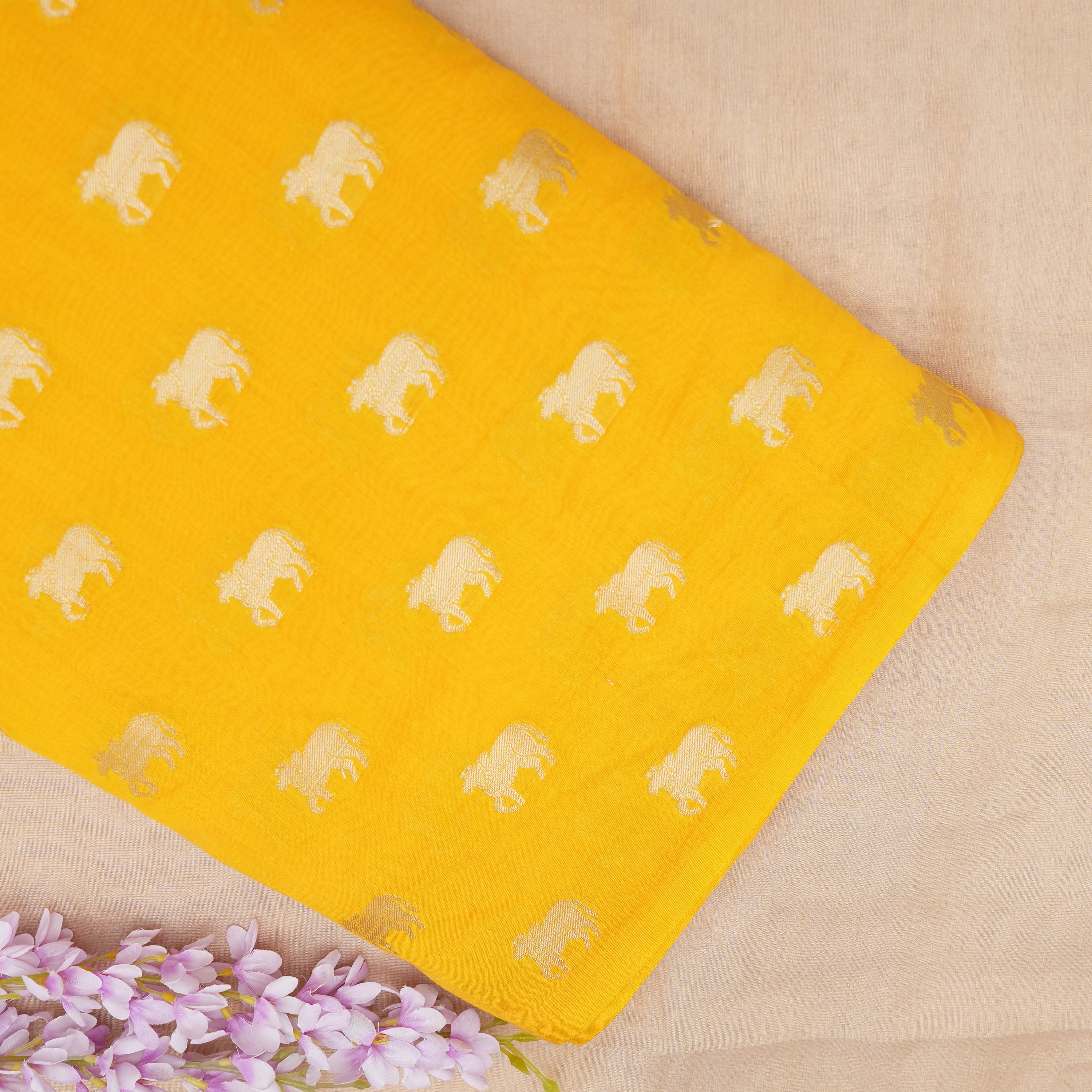 Chinese Yellow With Kamdhenu Motifs On Silk Fabric