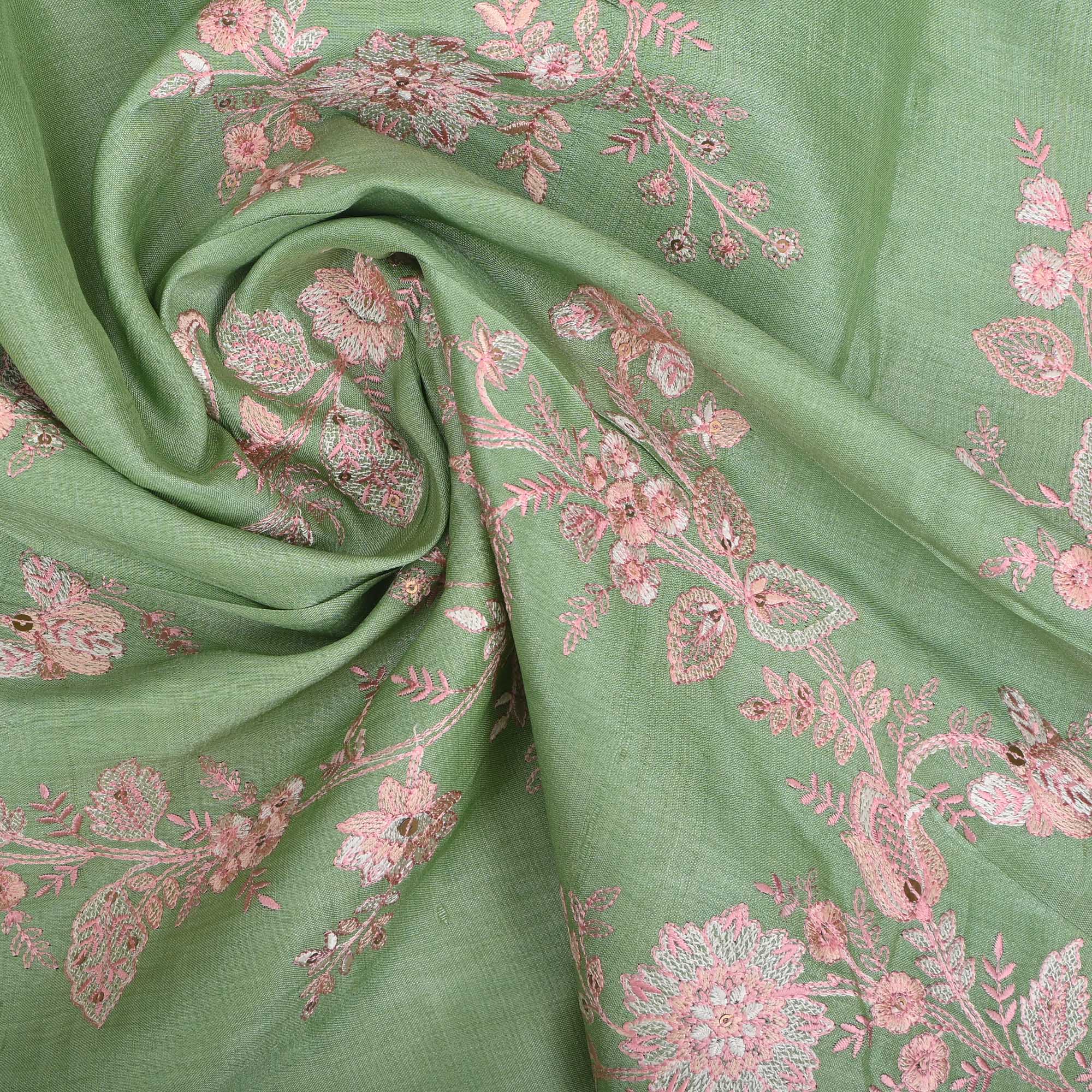 Sea Green Embroidered Tussar Fabric