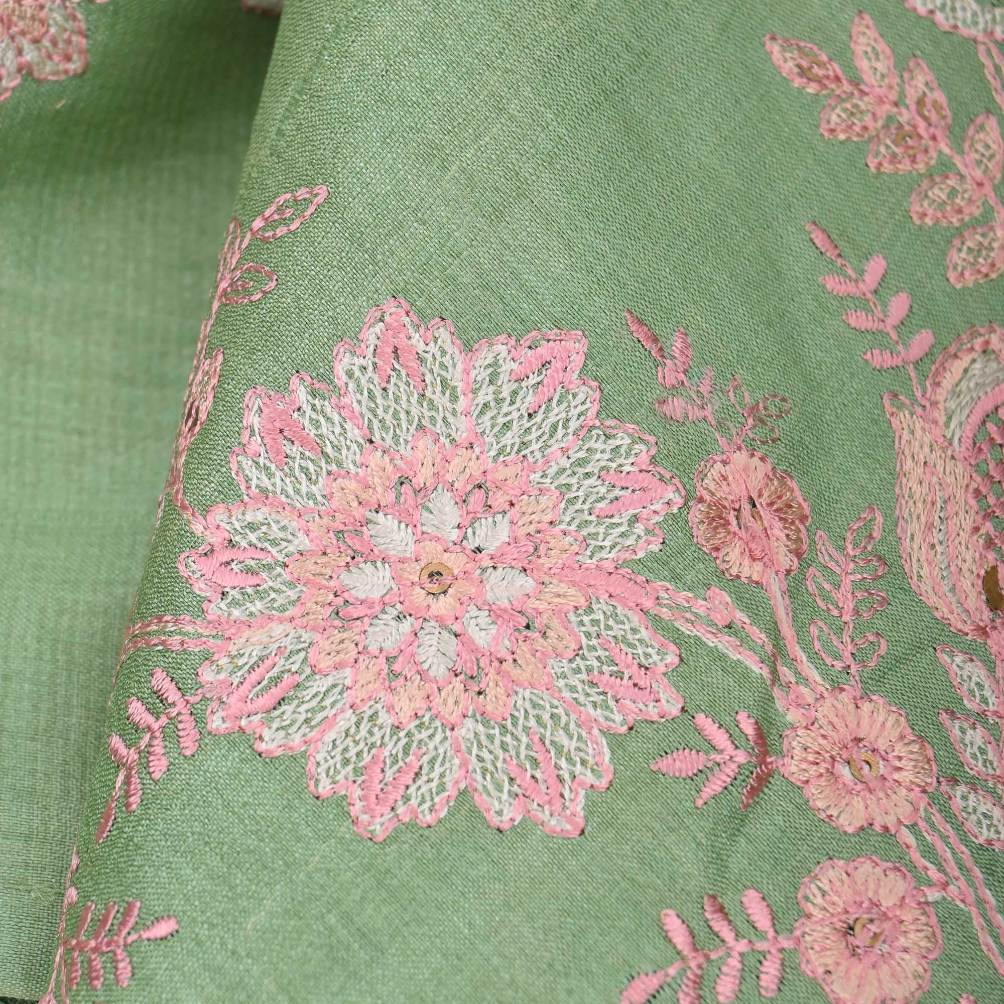 Sea Green Embroidered Tussar Fabric